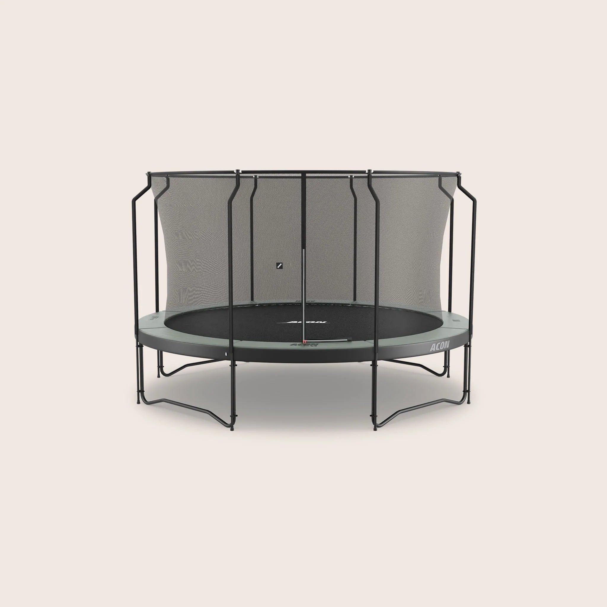 Round trampoline with Premium enclosure by ACON on a beige background