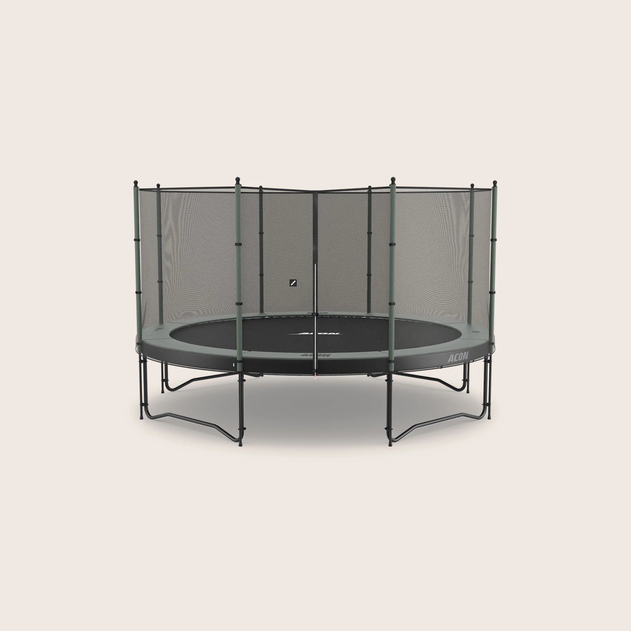 Round trampoline with Standard enclosure by ACON on a beige background