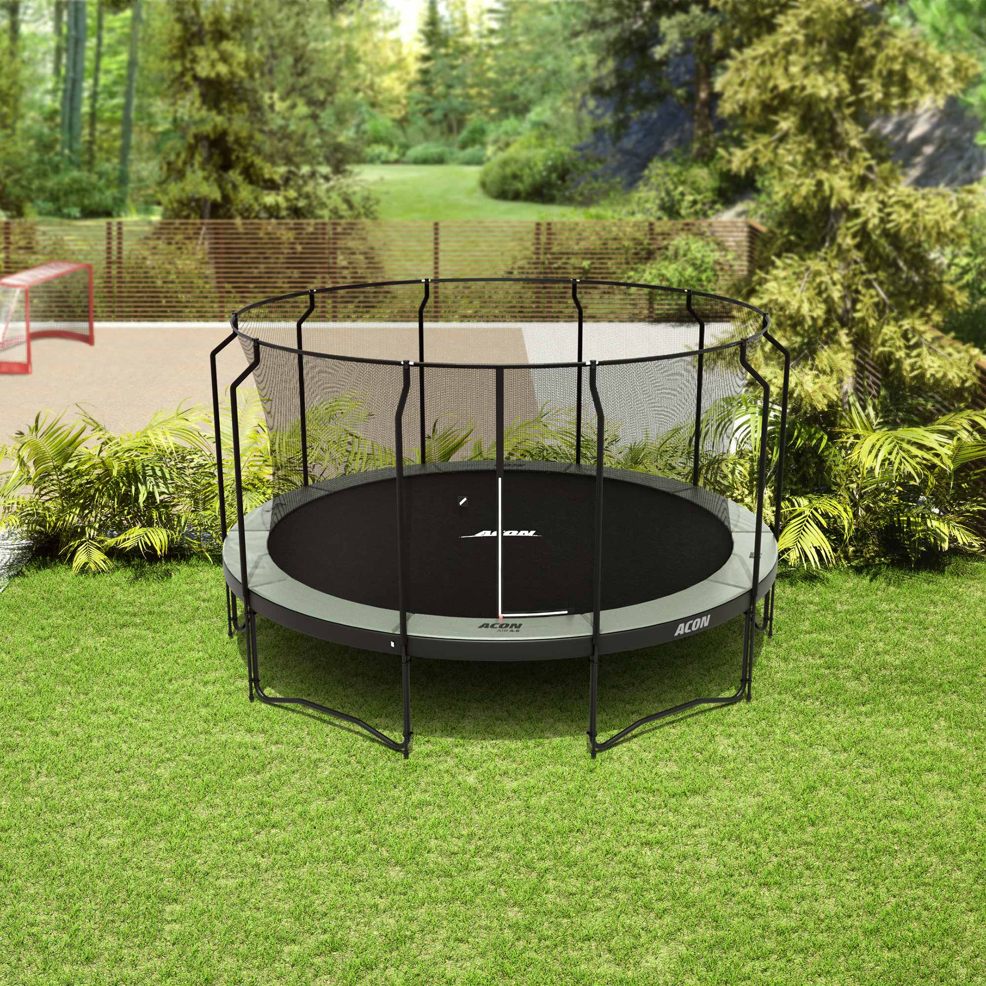 ACON Air 15ft Trampoline with Premium Enclosure in the backyard.