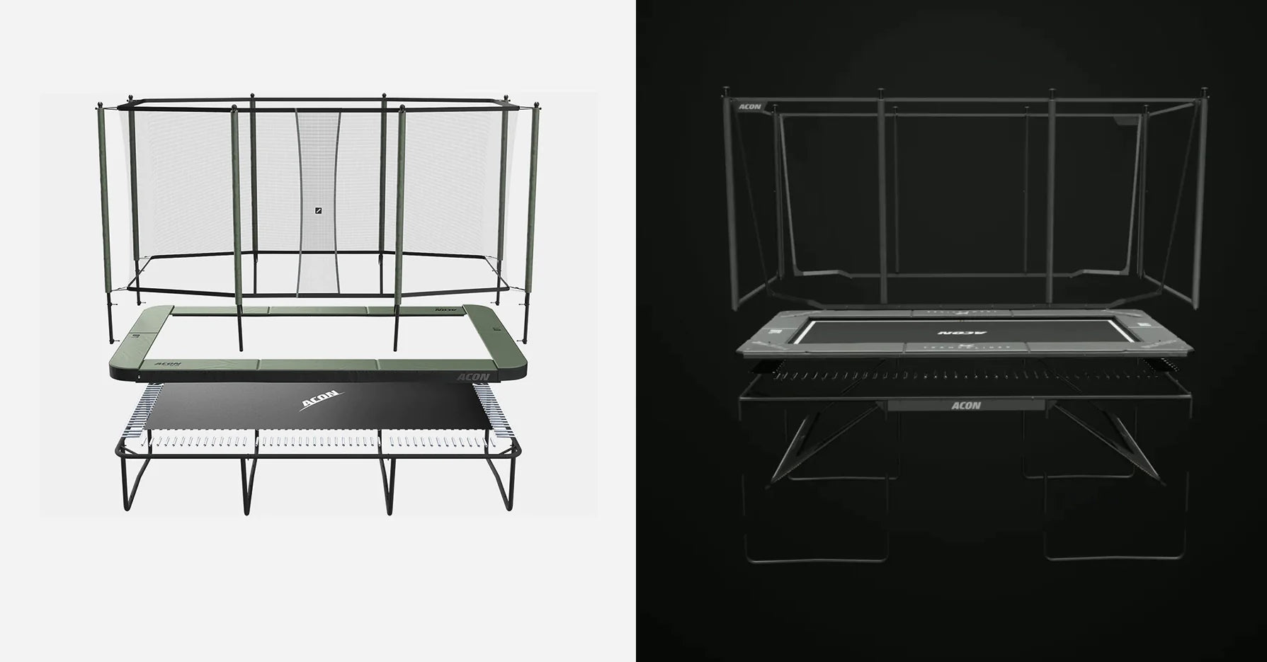 Exploded view images of Acon Air 16 Sport HD and Acon X 17ft Trampolines.