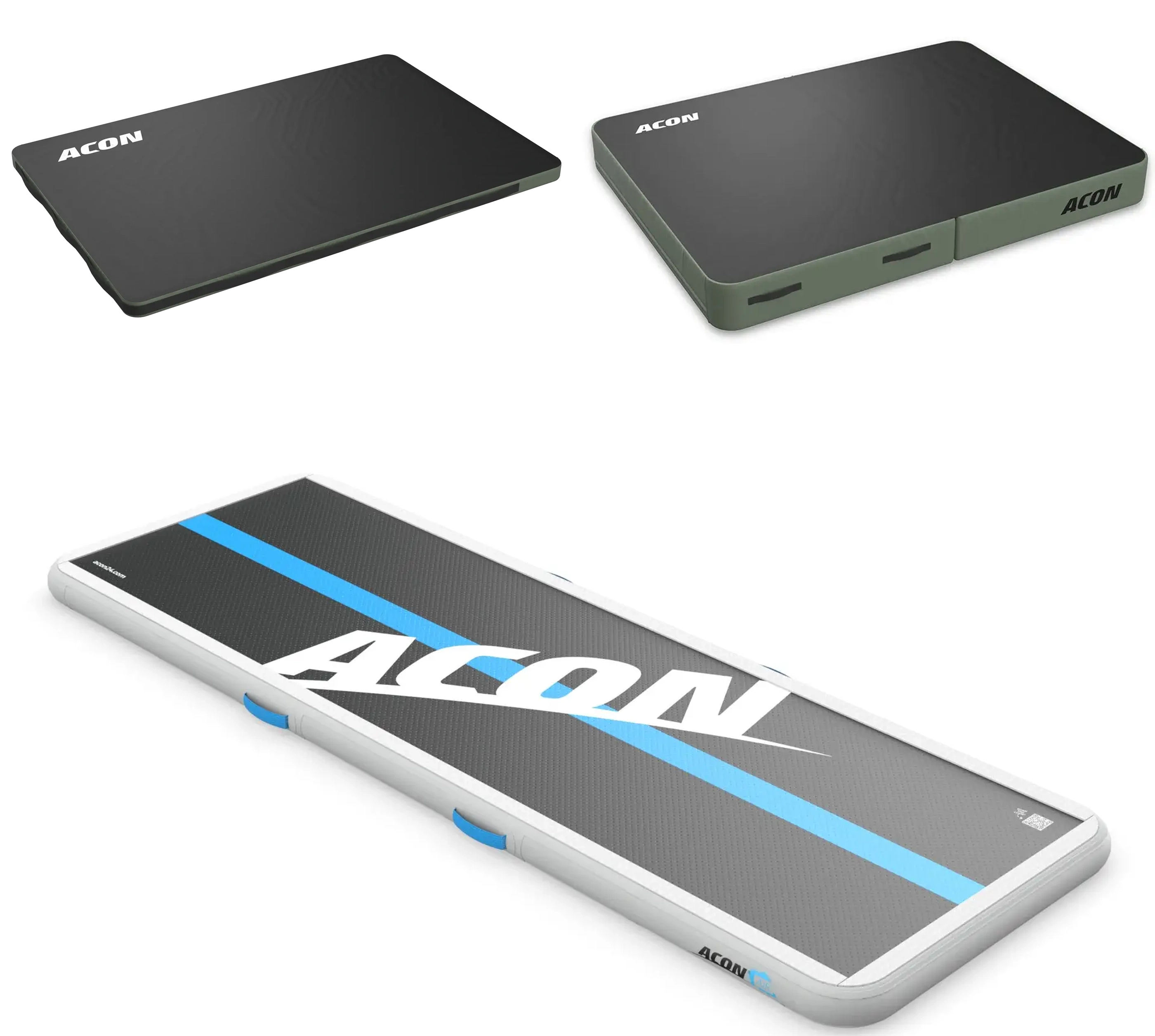 Two types of crash mats by ACON are on the top of the image while an Airtrack is in the bottom part. Comparison image.
