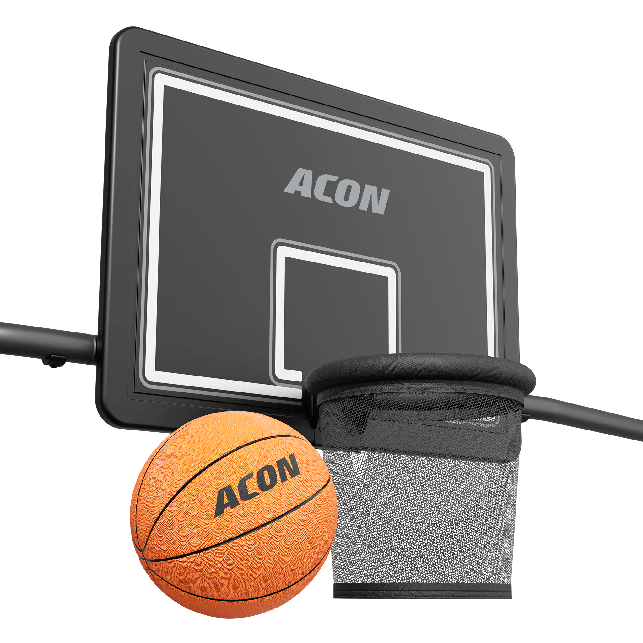 Close-up of the Acon X Trampoline Basketball Hoop and basketball.