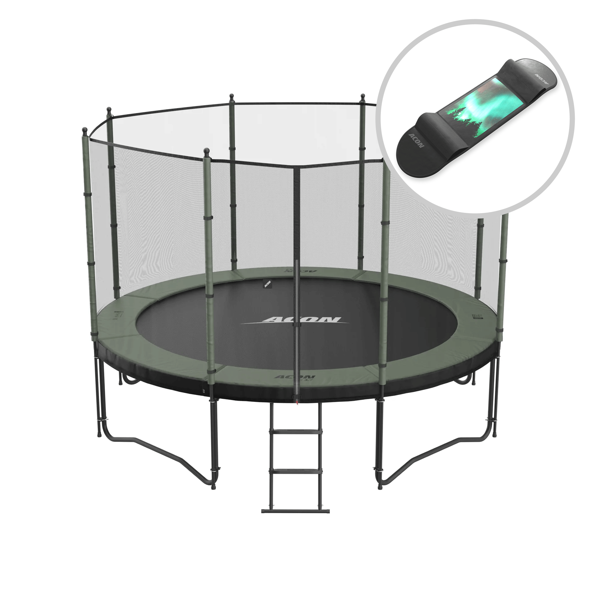 ACON Air 12ft Trampoline with Standard Enclosure and ladder + Skateboard.