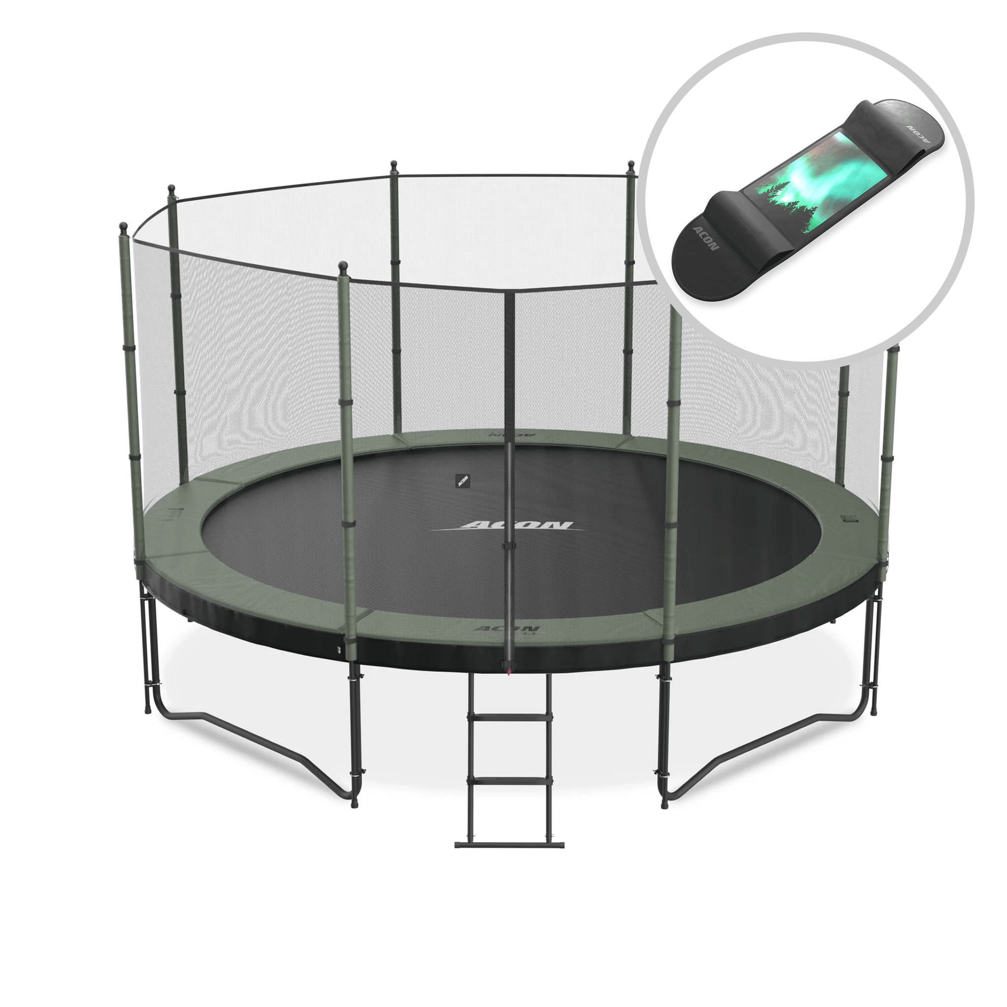 ACON Air 14ft Trampoline with Standard Enclosure and ladder + Skateboard.