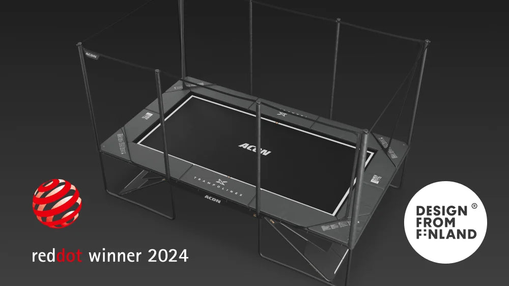 Acon X rectangular trampoline with Red Dot Award Winner 2024 logo and Design from Finland mark.