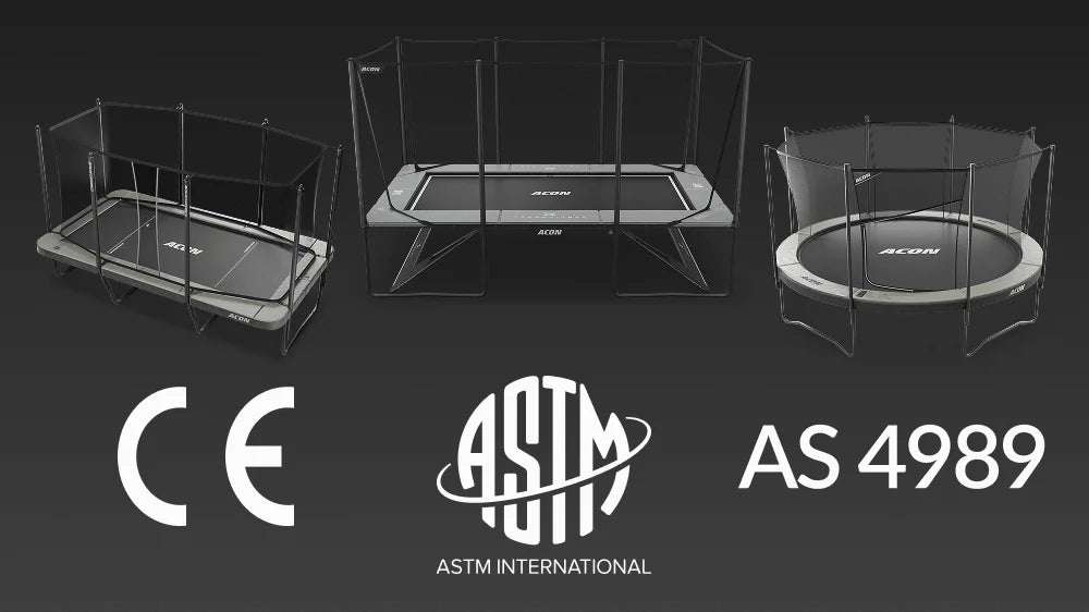 Three Acon trampoline models shown alongside CE, ASTM and AS 4989 certification marks.