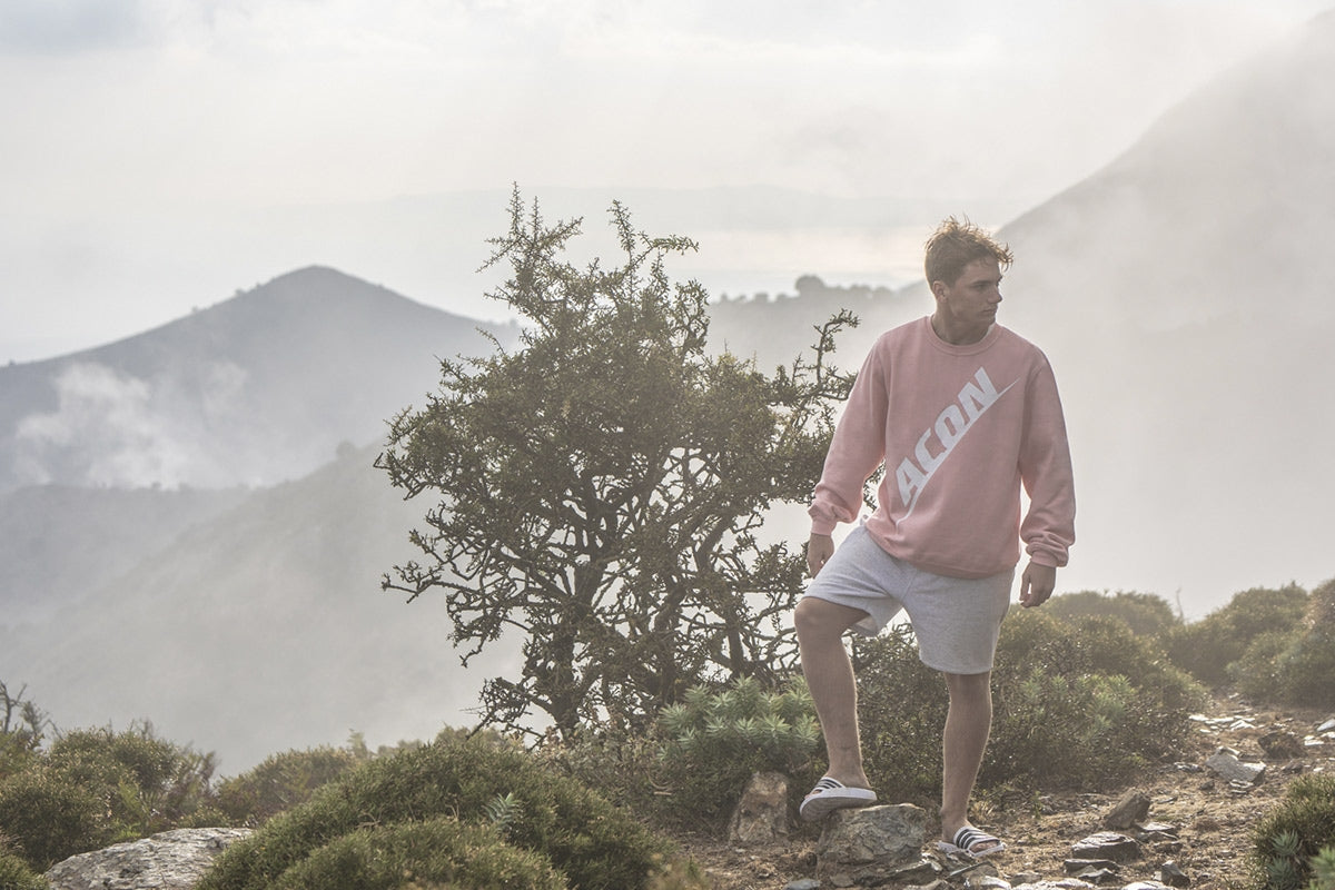 Man wearing ACON Pink Sweatshirt mountain on a background.