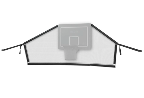 Product image of the Acon Trampoline Hoop Back Net with cutout image of placement of the hoop, shot against a white background.
