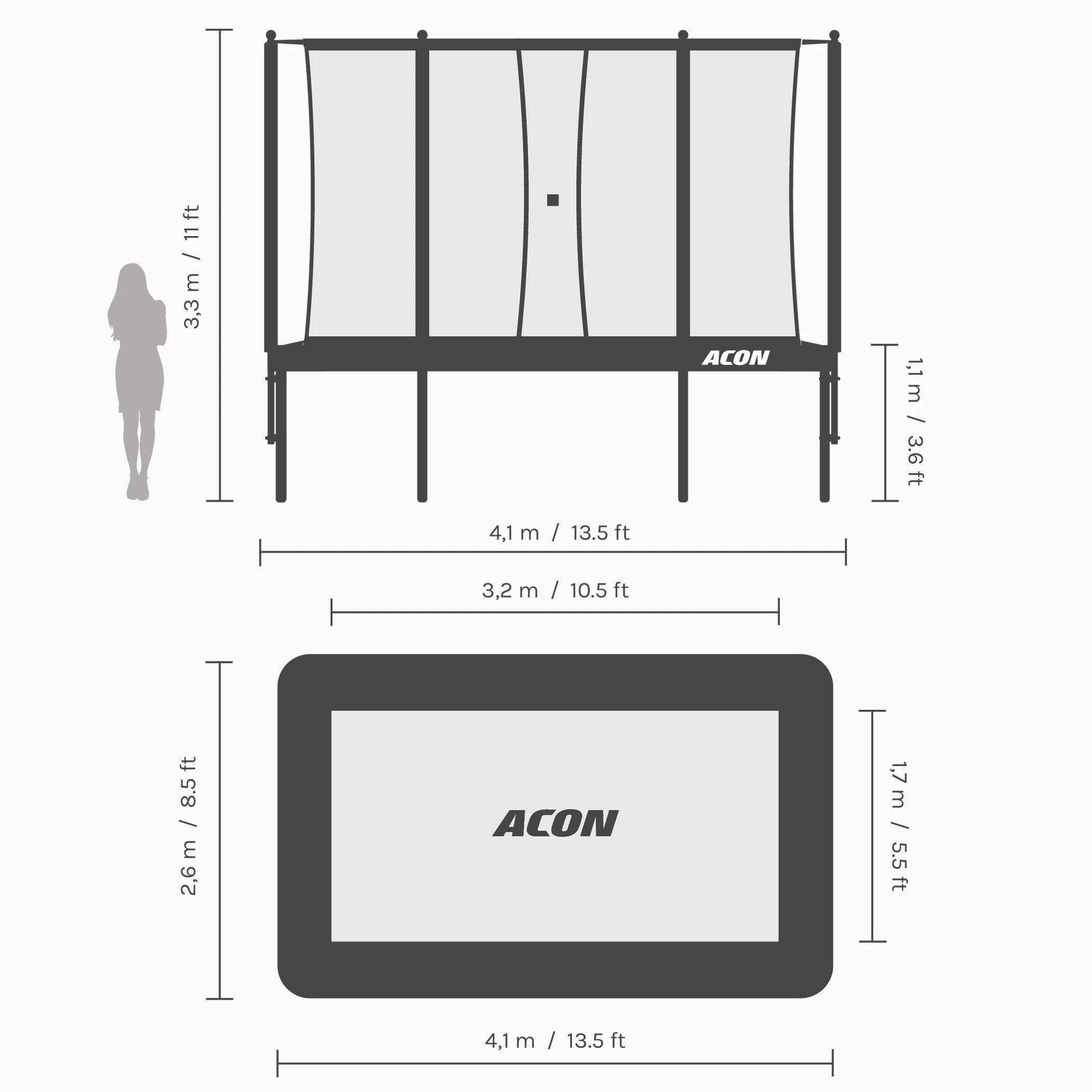 Observation drawings of the Acon 13 HD trampoline dimensions.