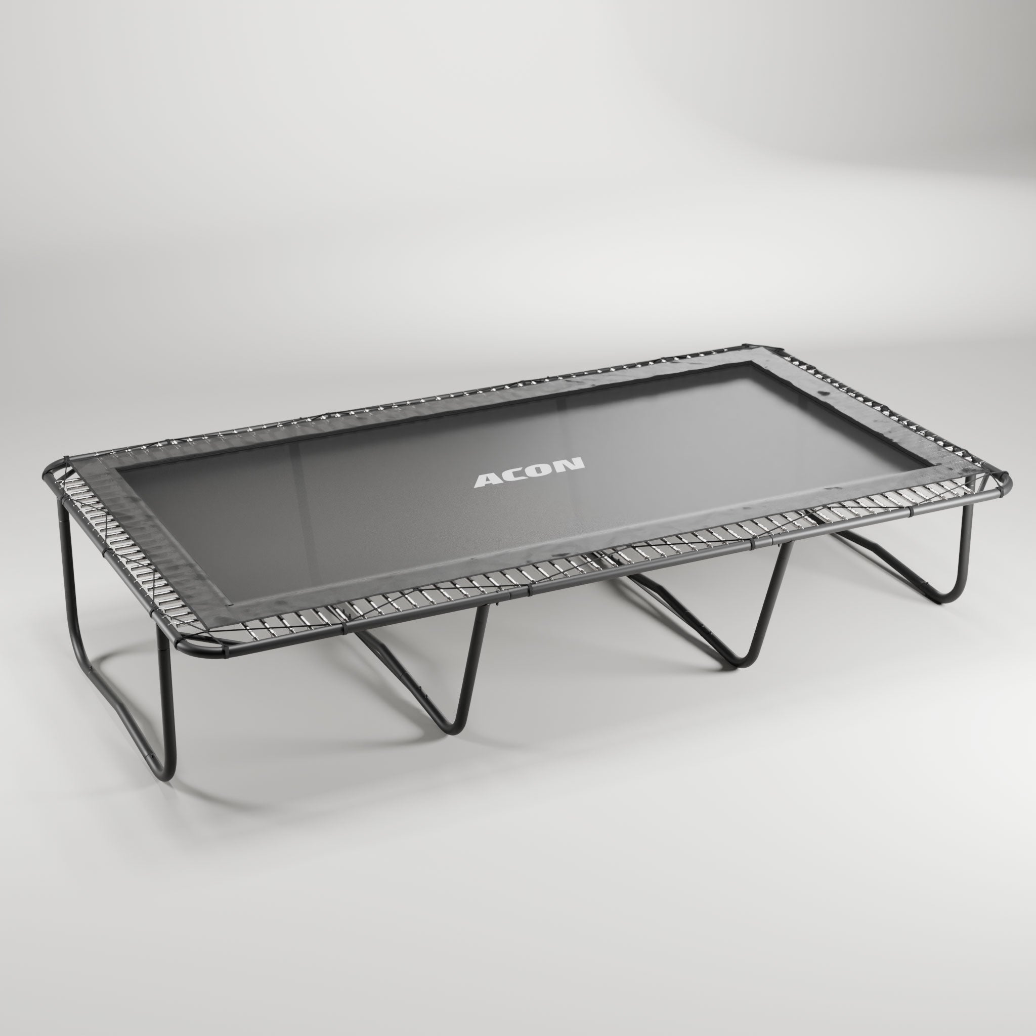 Acon 16 HD trampoline without padding and safety net, springs visible.