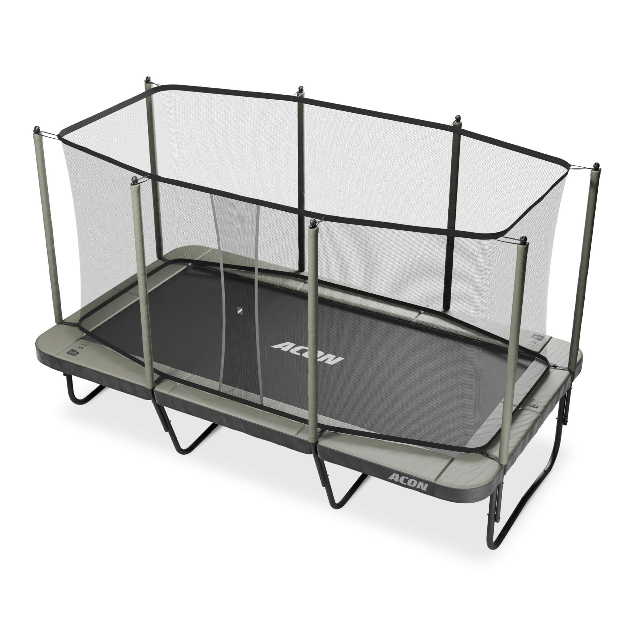 ACON 16 HD trampoline, safety net, and ladder.