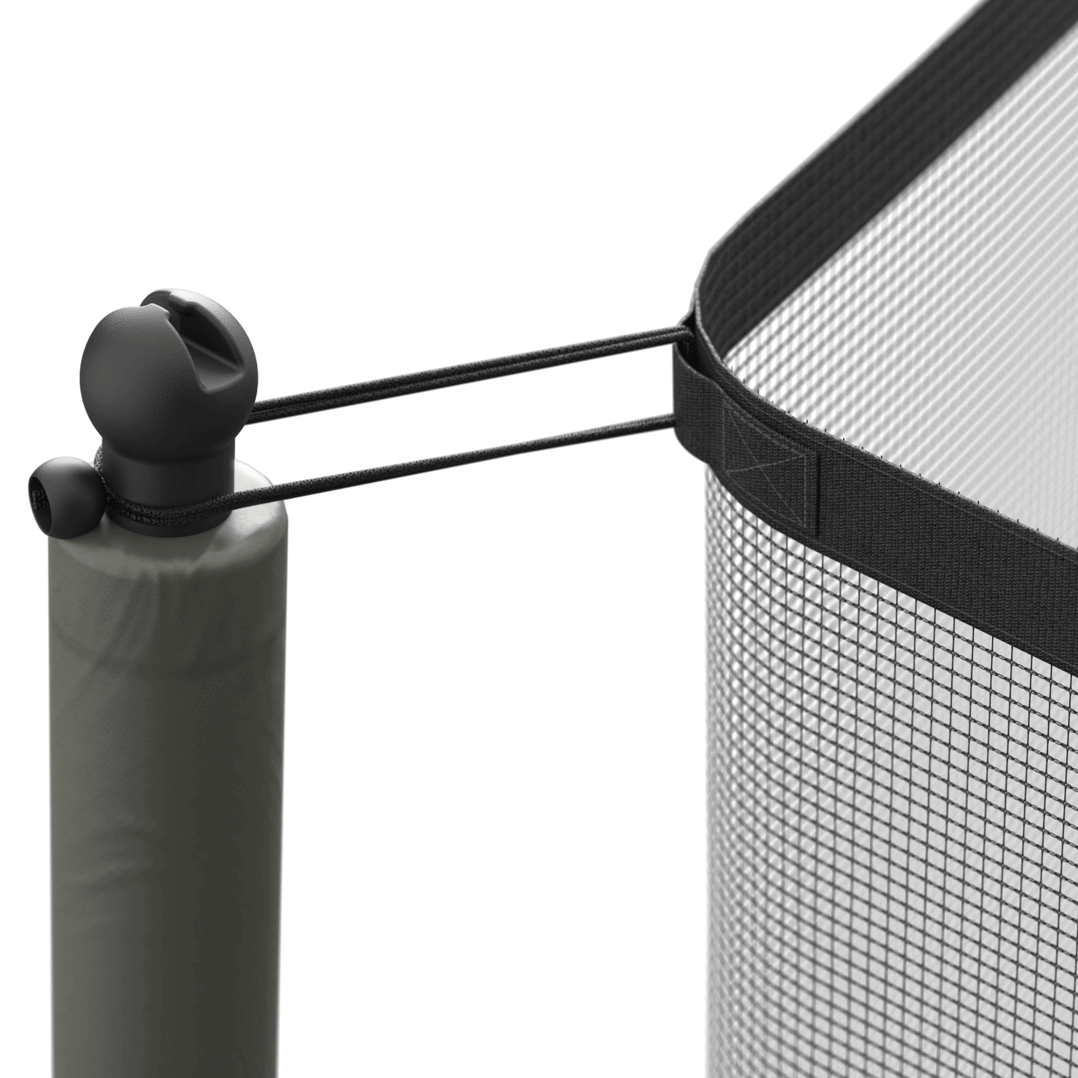 Close-up image of a trampoline enclosure attached to a top cap.