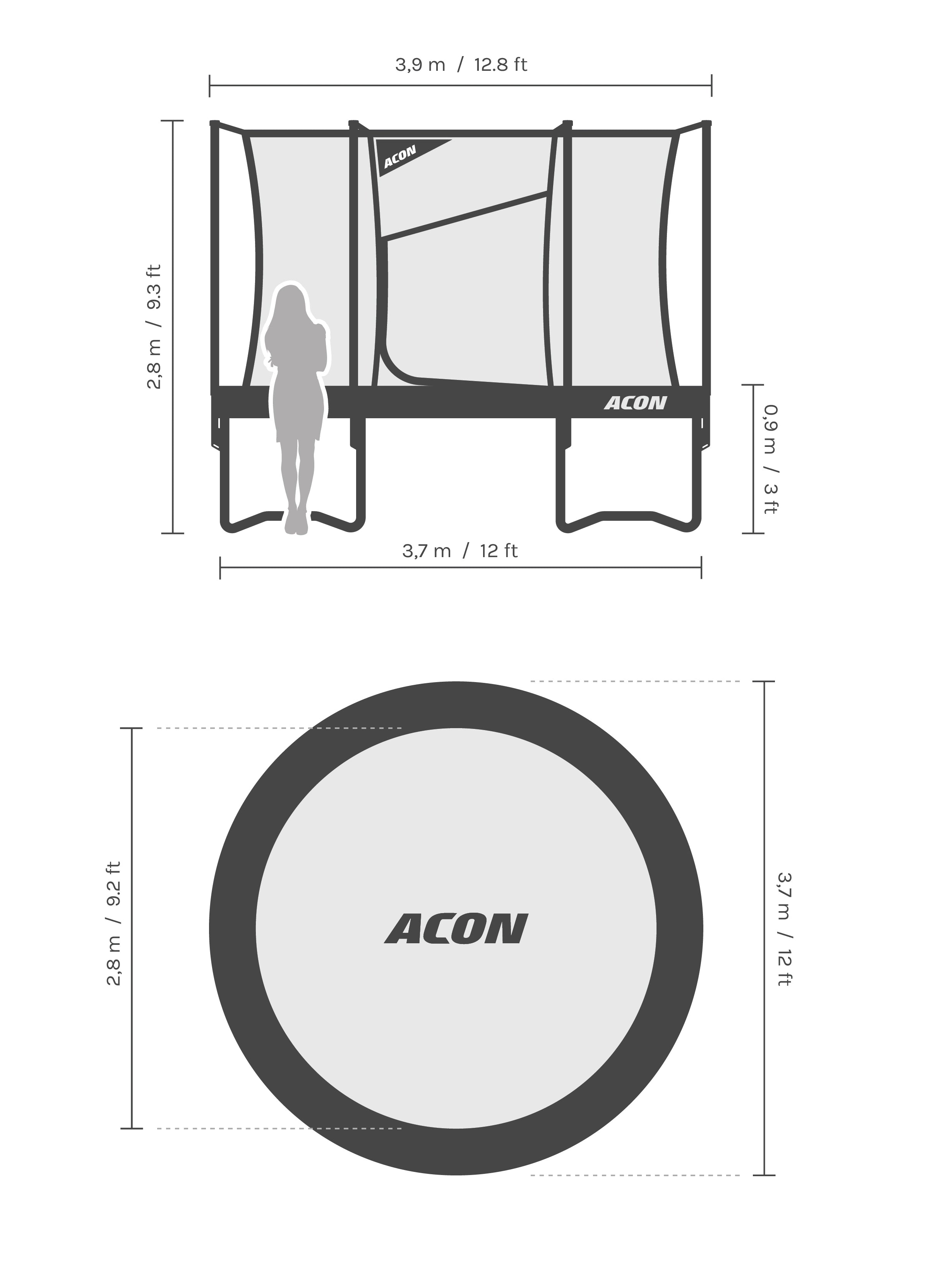 Dimensions and proportions of the Acon Air 12ft (3,7 m) trampoline.