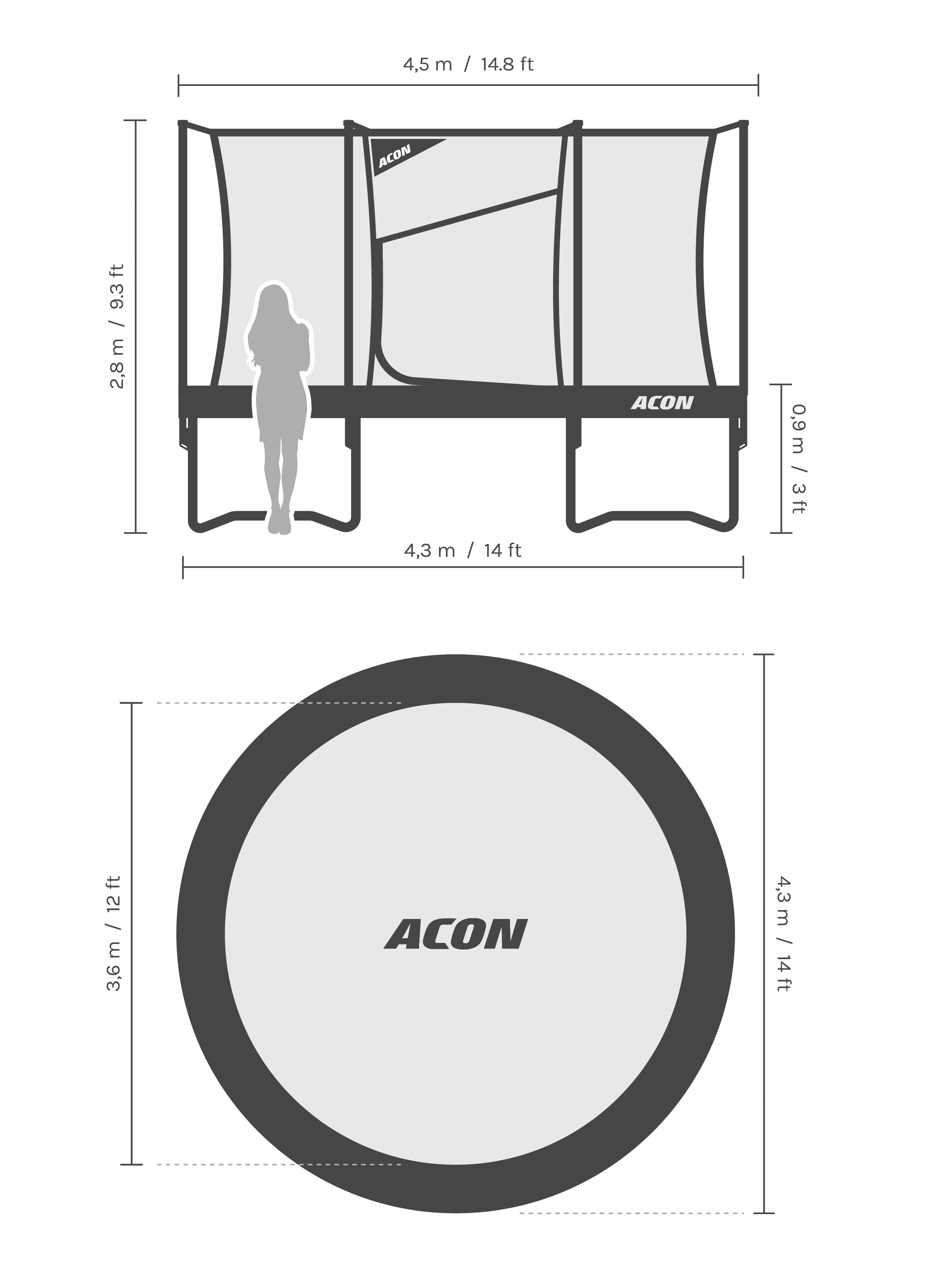 Dimensions and proportions of the Acon Air 14ft (4.3 m) trampoline.