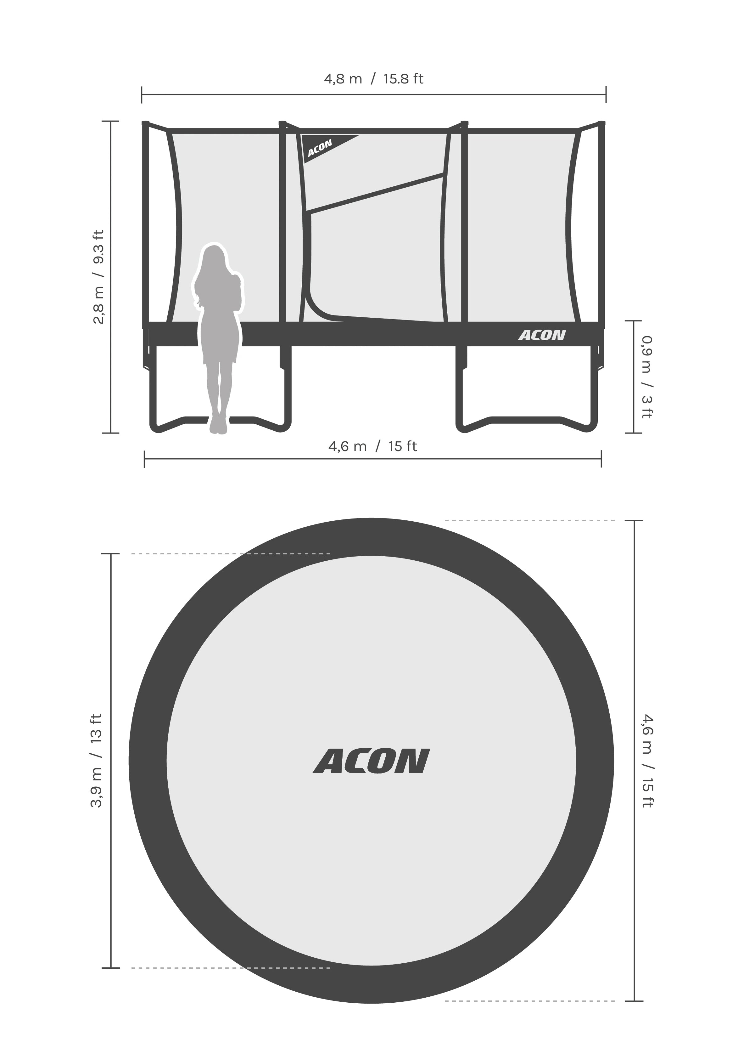 Dimensions and proportions of the Acon Air 15ft (4,6 m) trampoline.