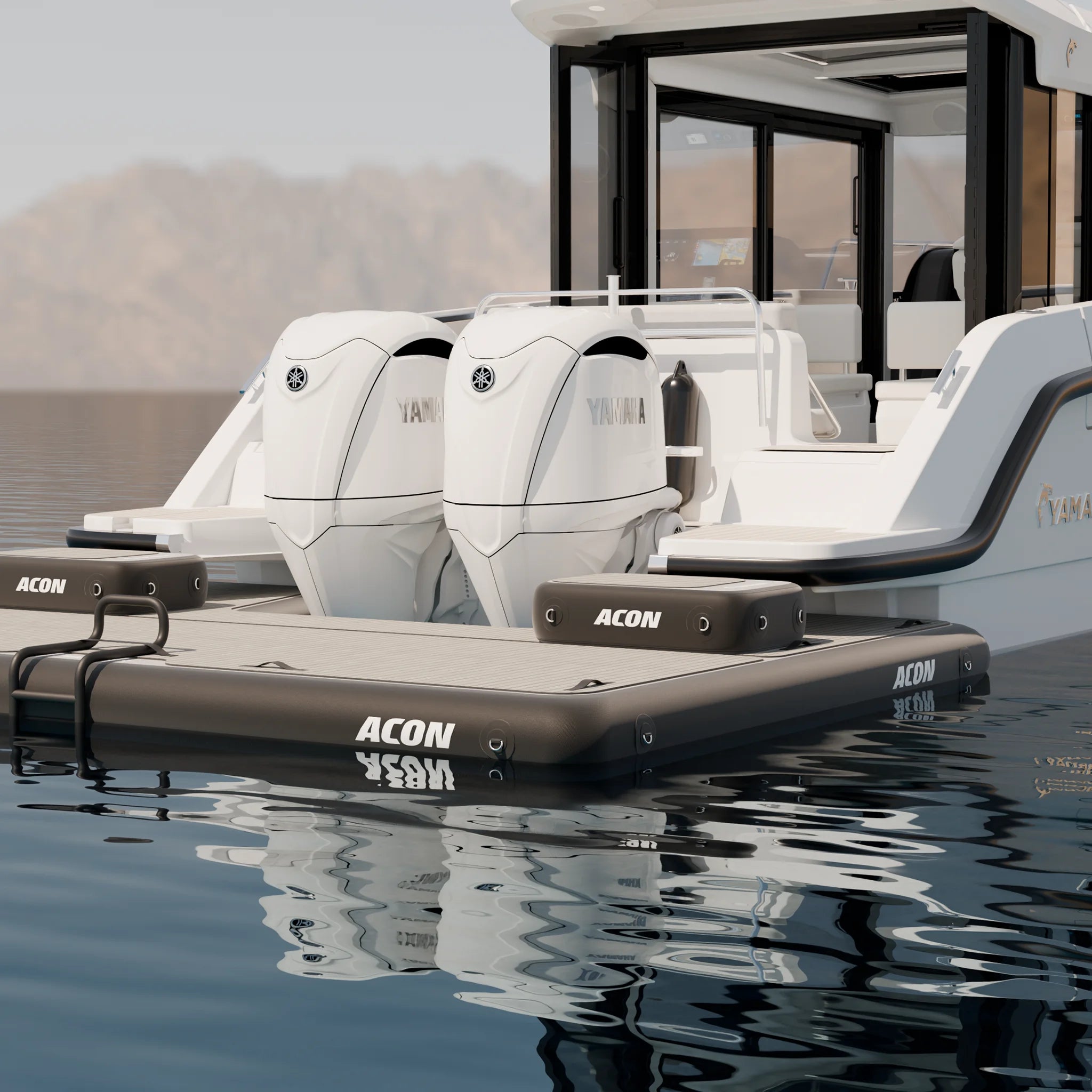 Close-up of the stern of a Yamarin boat with an Acon Airdeck attached.