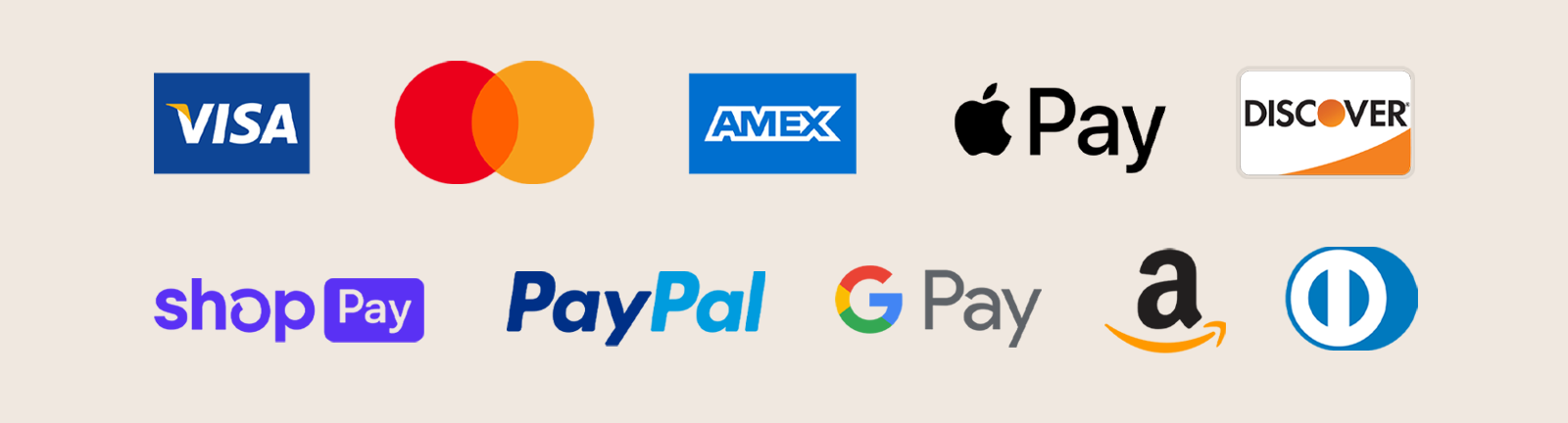 Logos of various payment methods: Visa, Mastercard, AMEX, Apple Pay, Discover, Google Pay, Shop Pay, PayPal, Amazon and Diners Club.
