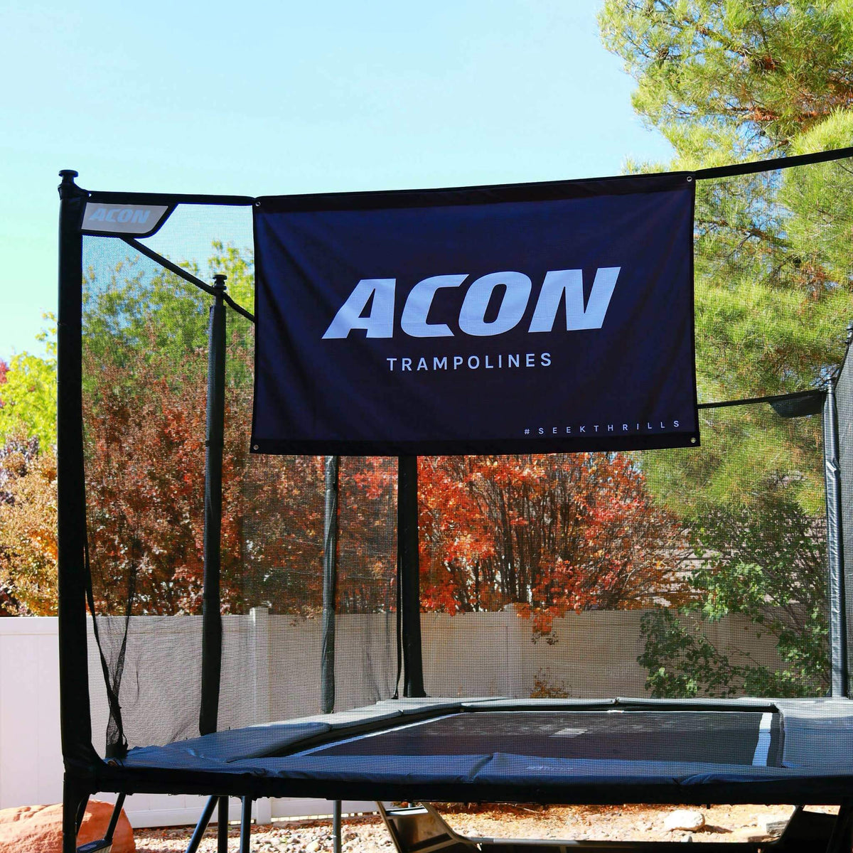 ACON Flag, Black attached to the trampoline Safety Net.