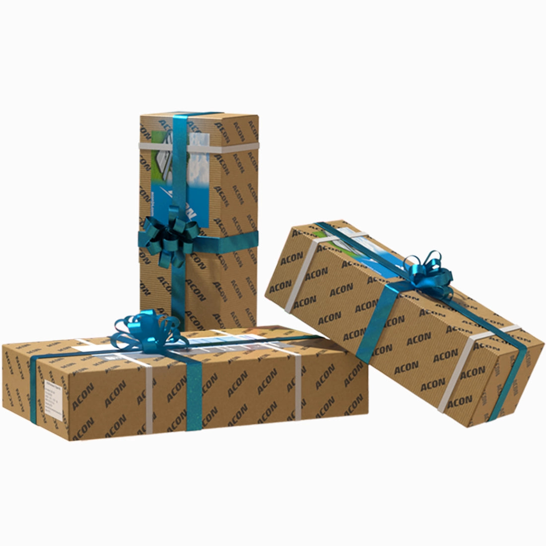 Three Acon product packages wrapped in a gift string.