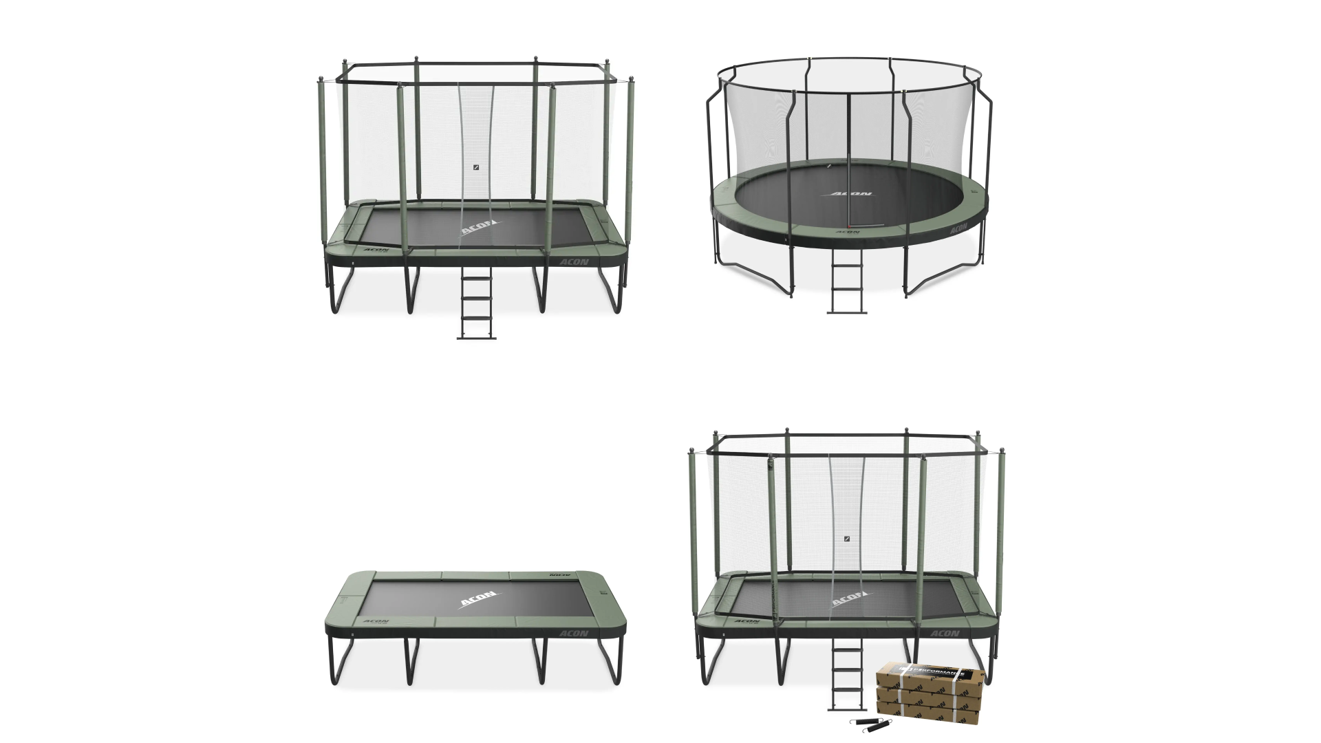 Four medium sized trampolines by acon on a white background