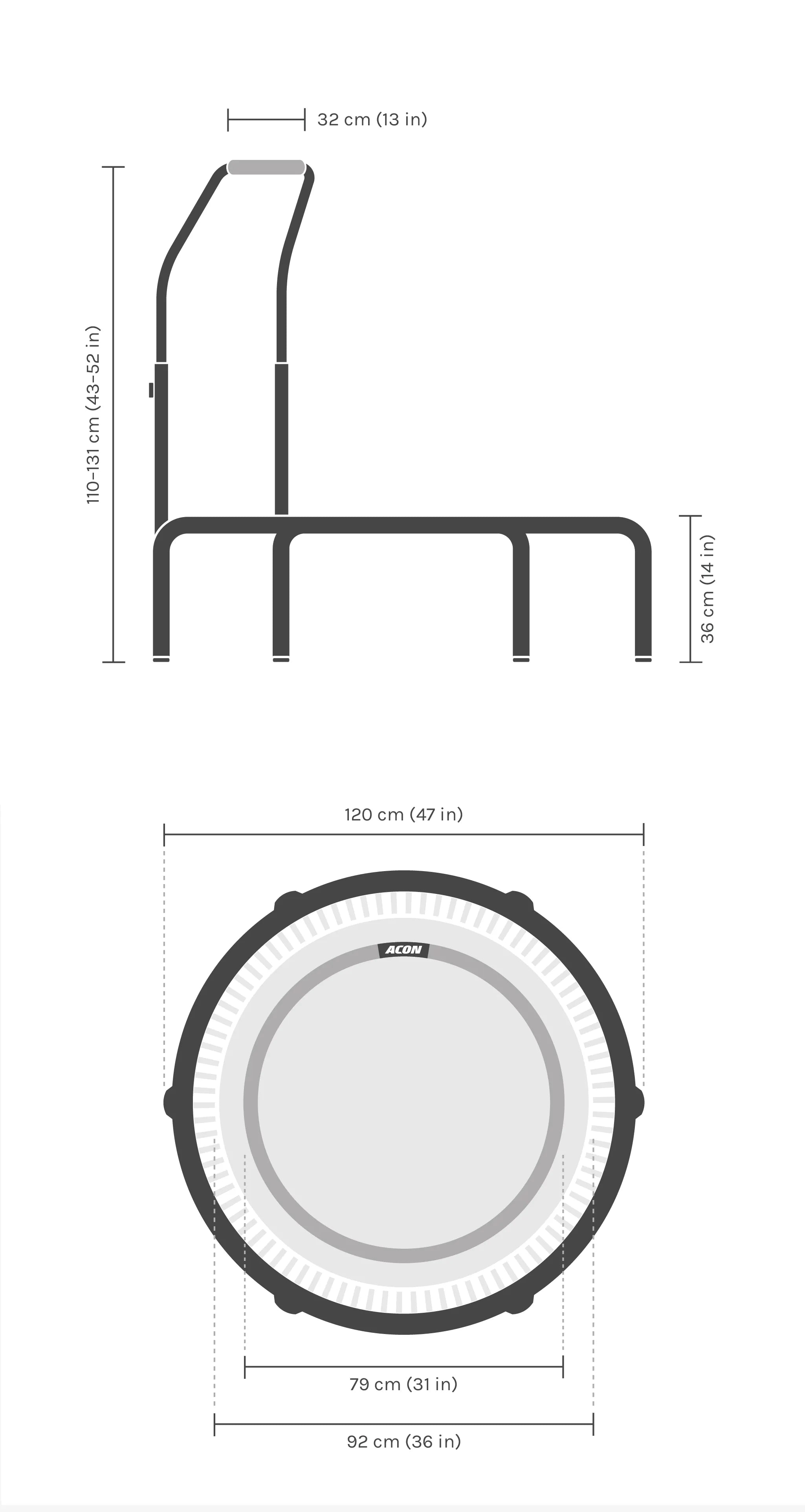 Dimensions of the round Acon FIT Balance trampoline.