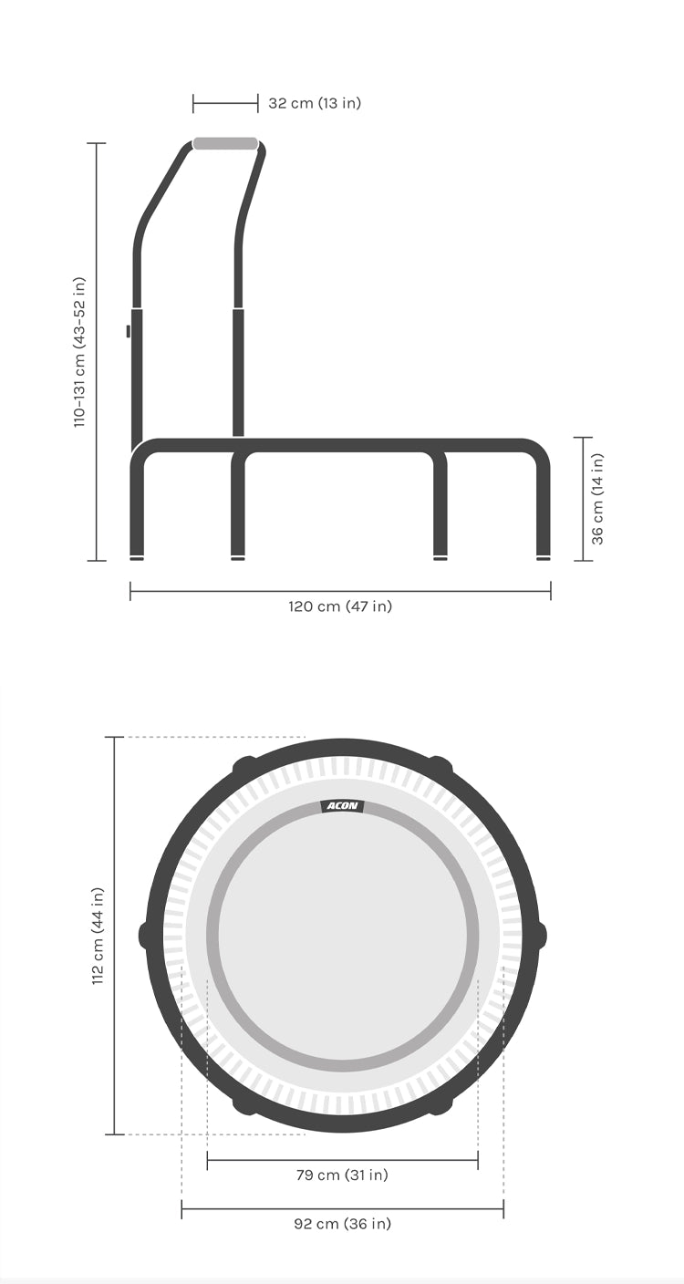 Dimensions of the round Acon FIT Balance trampoline.