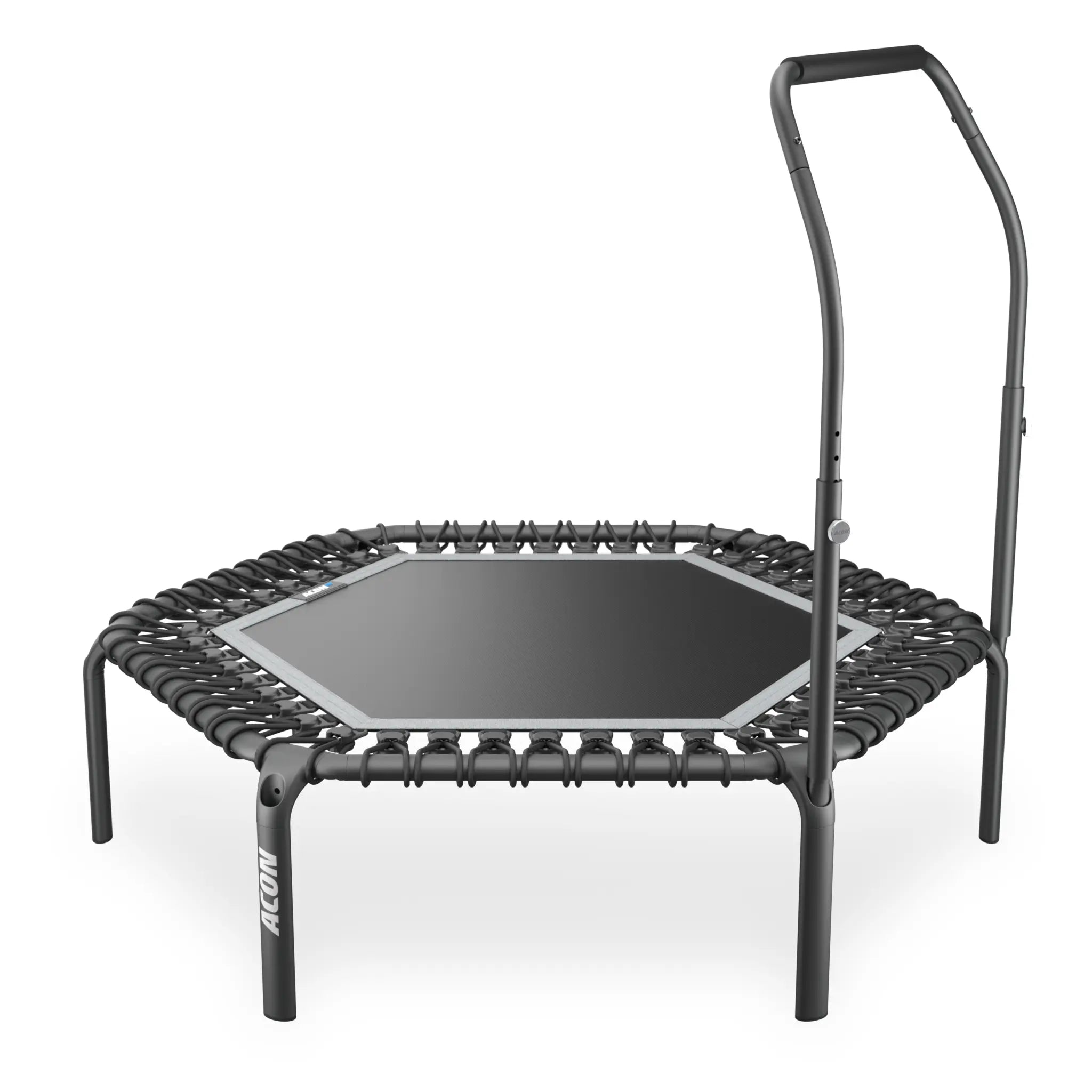 Black Acon Rebounder trampoline with balance handlebar. 