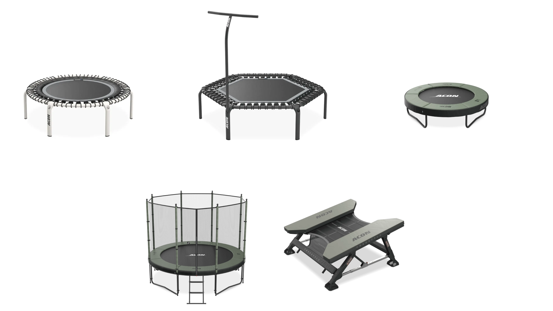 Five small trampolines by acon on a white background