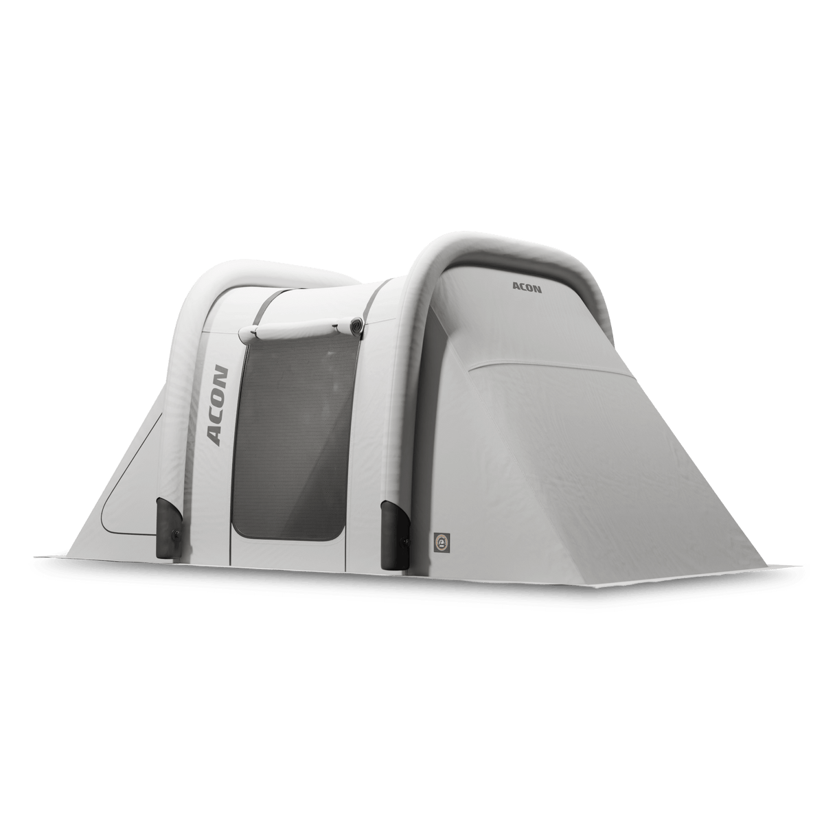 White and grey trampoline tent for rectangular trampoline, featuring inflatable frame and transparent mesh netting, designed for outdoor use.