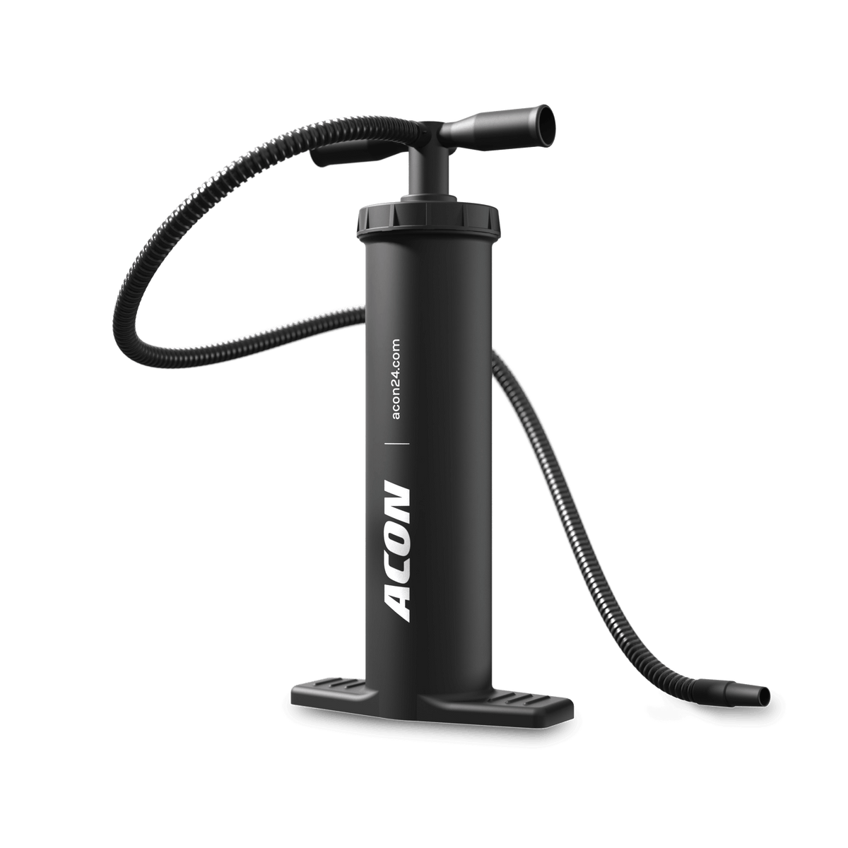 Black Acon air pump for inflating a rectangular trampoline tent. The pump features a flexible hose and ergonomic handle designed for efficient inflating.
