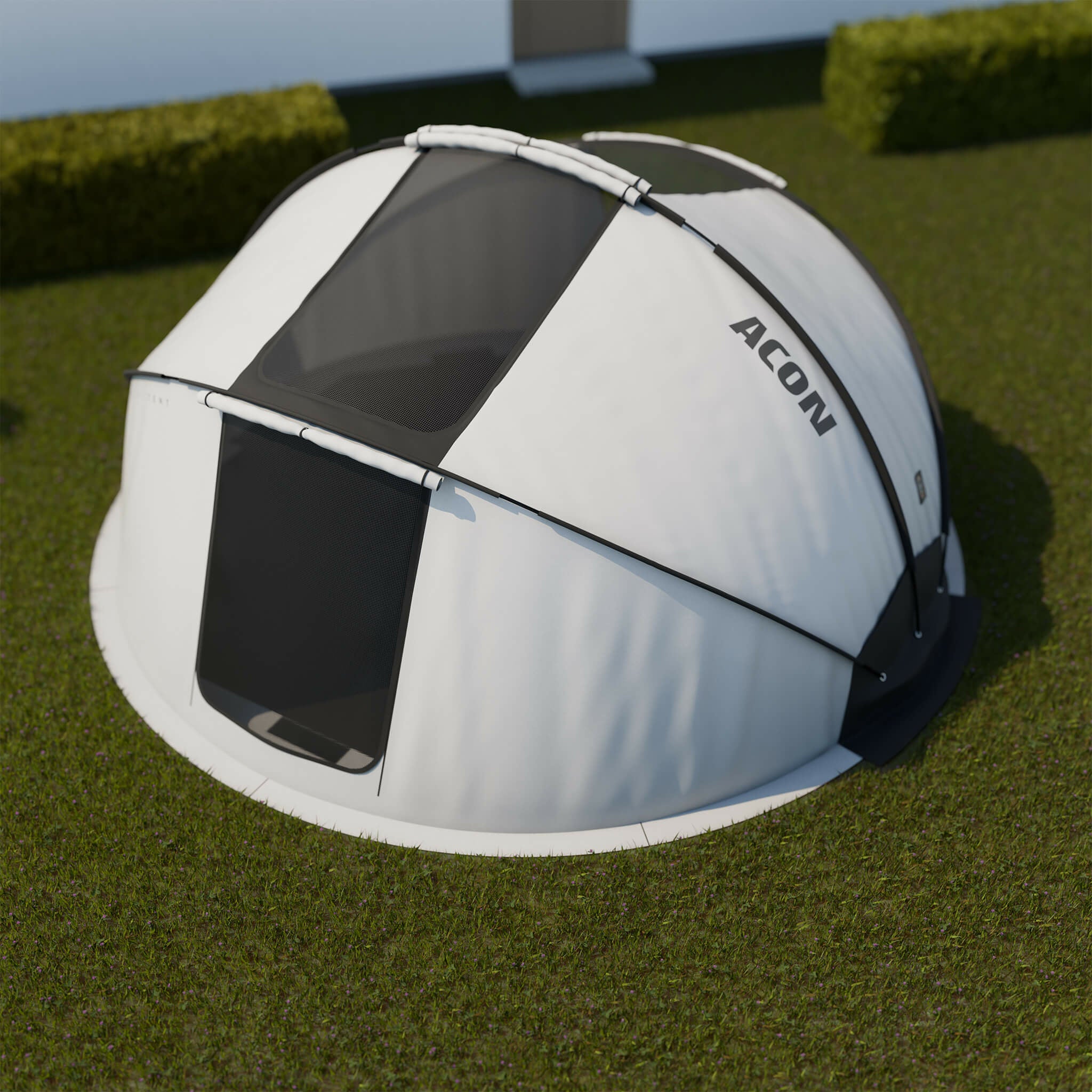 Acon Round Trampoline tent assembled on grass from above