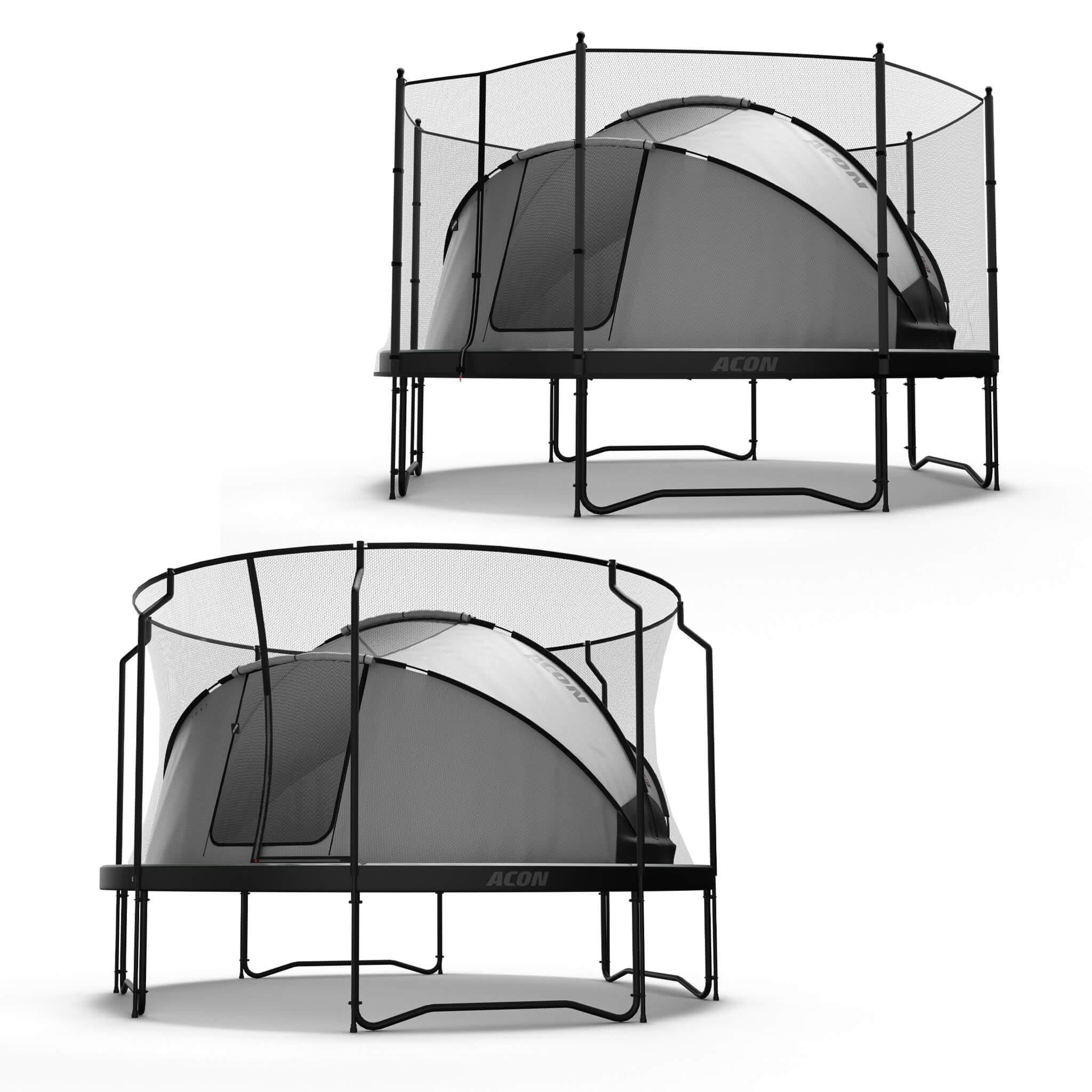 Acon Trampoline Tent installed on an Acon Trampoline with Premium Safety Net and on an Acon Trampoline with Standard Safety Net.