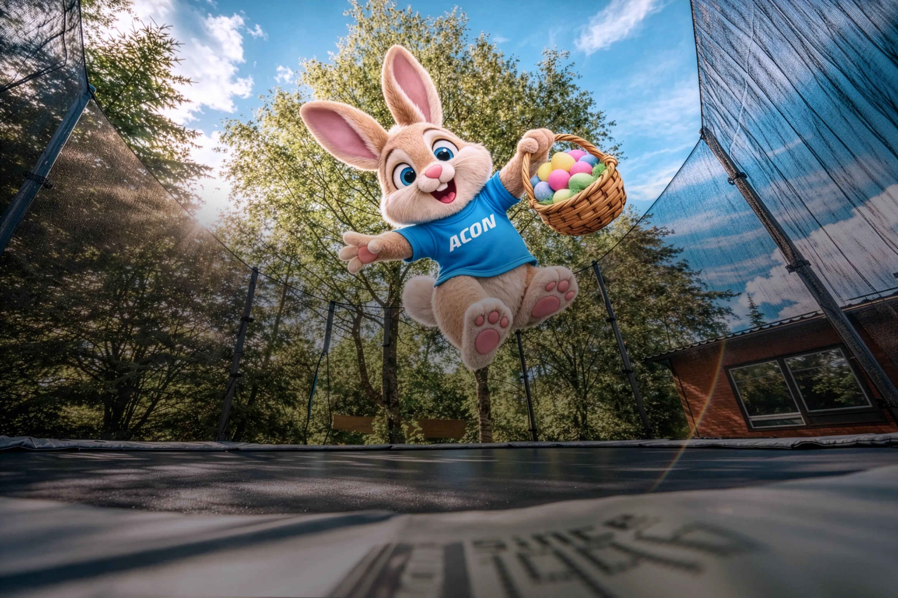 AI‑based bunny character in a blue Acon shirt jumps playfully on an Acon trampoline while holding a basket of Easter eggs, creating a cheerful seasonal vibe.