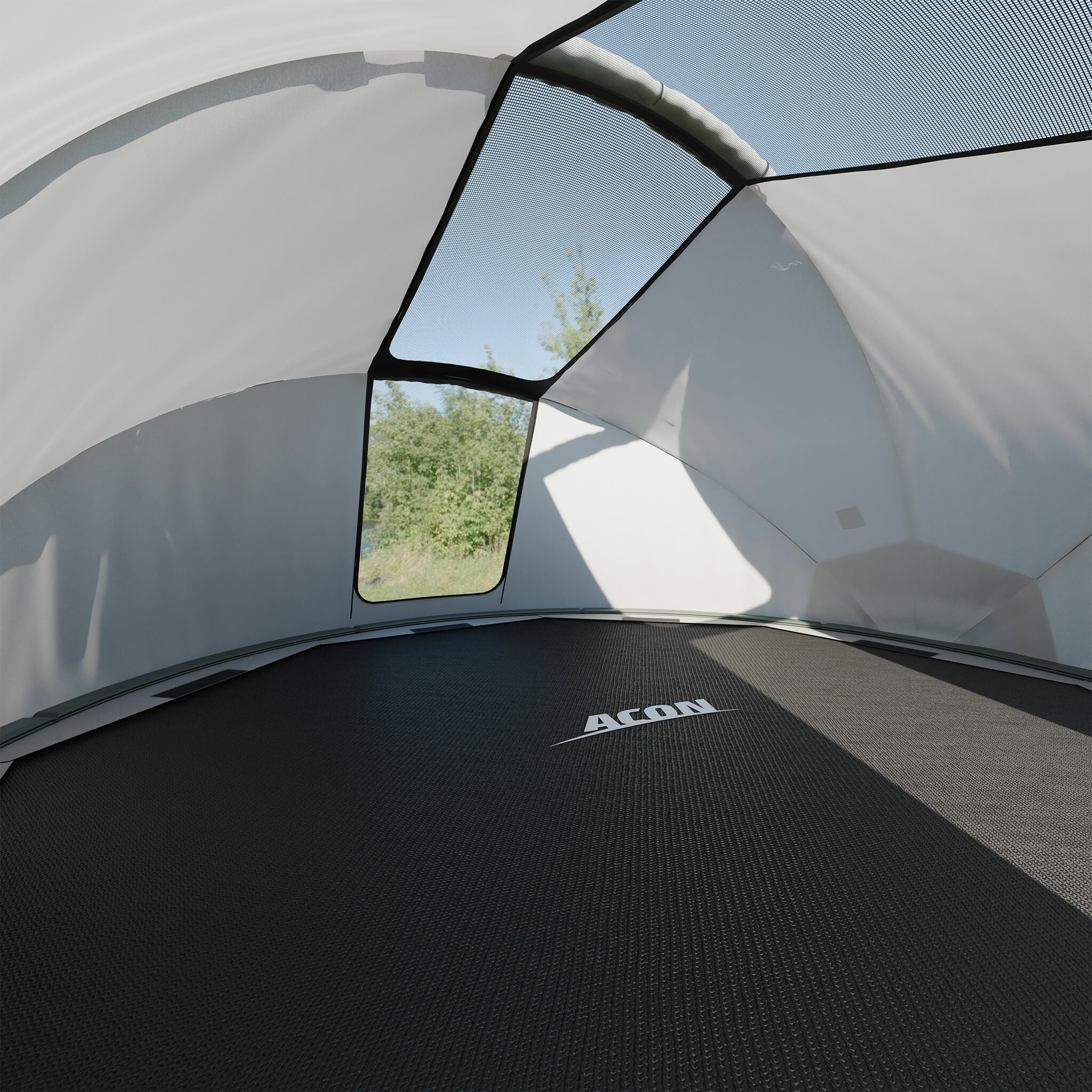 Acon trampoline tent interior on trampoline doors open.