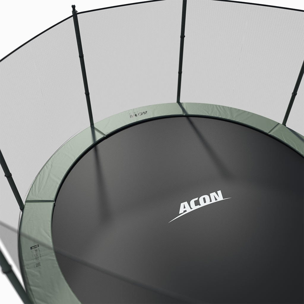 Ingrounded Acon Trampoline, surrounded with wooden panels.