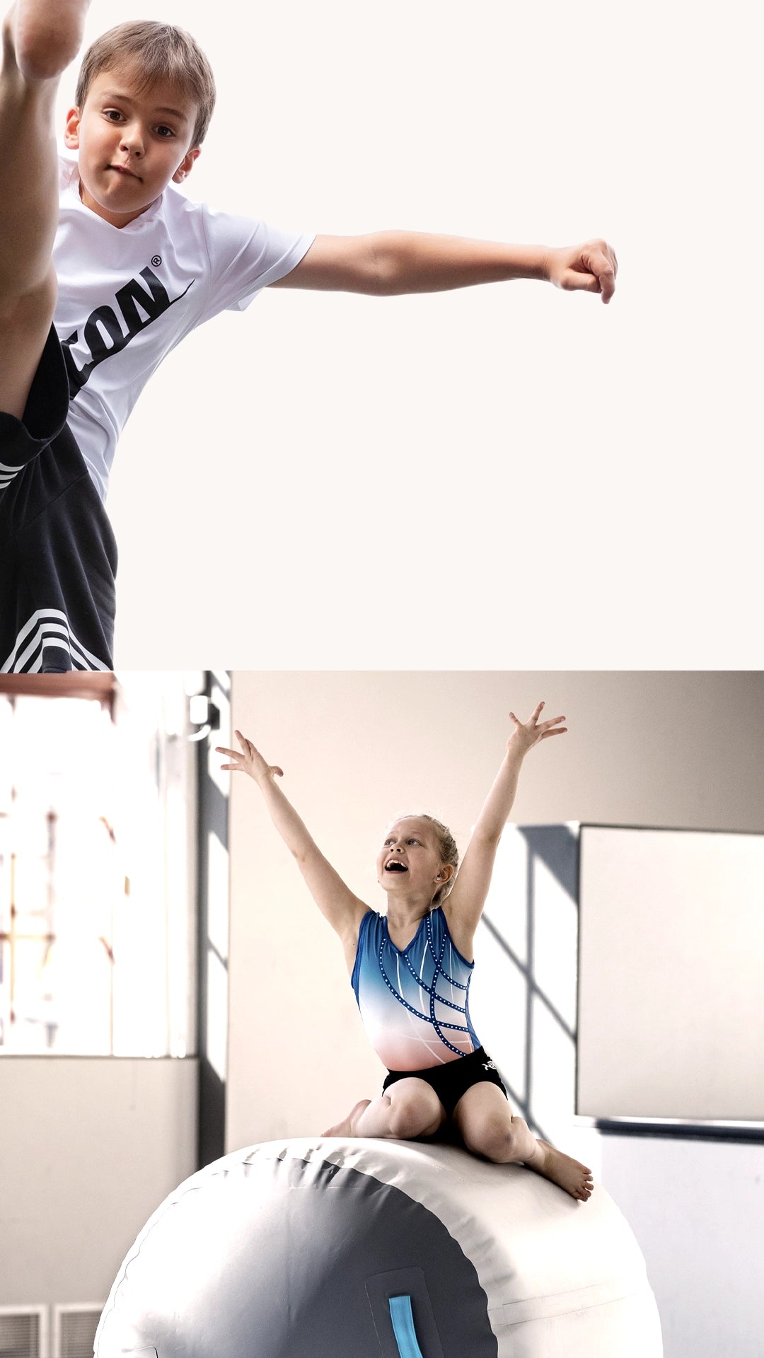 A combination image of a boy jumping on an Acon trampoline and a girl sitting on an Acon airroll.