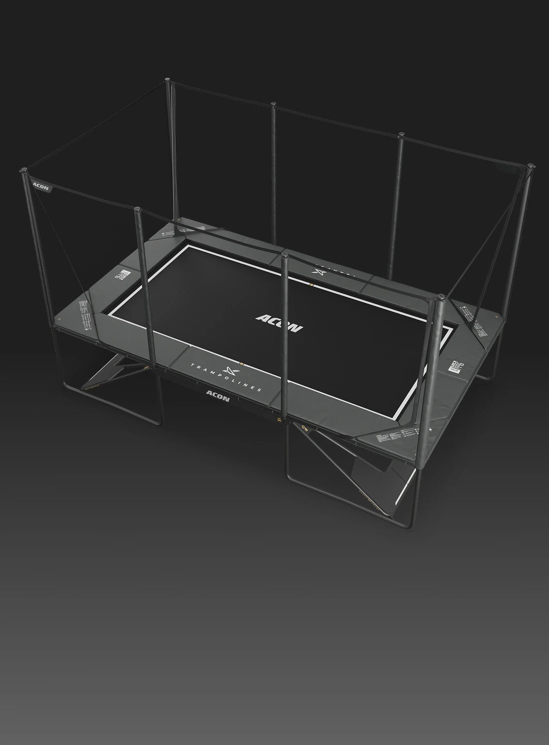 Black Acon X trampoline on a dark background.