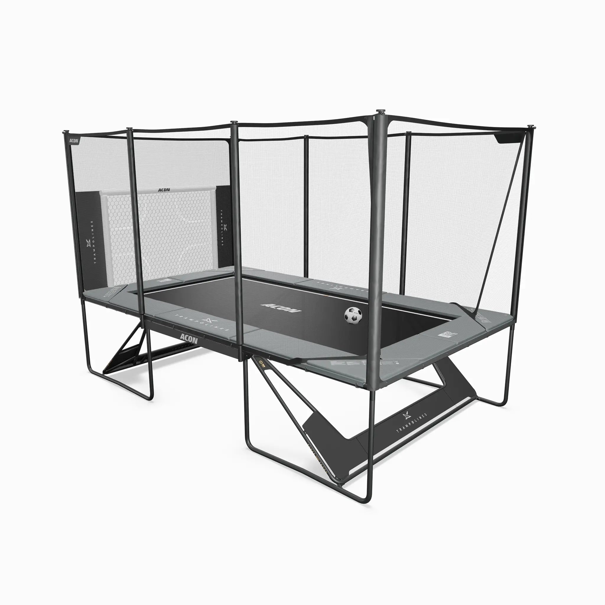 Rectangular Acon X trampoline with Trampoline Soccer Goal on a white background.