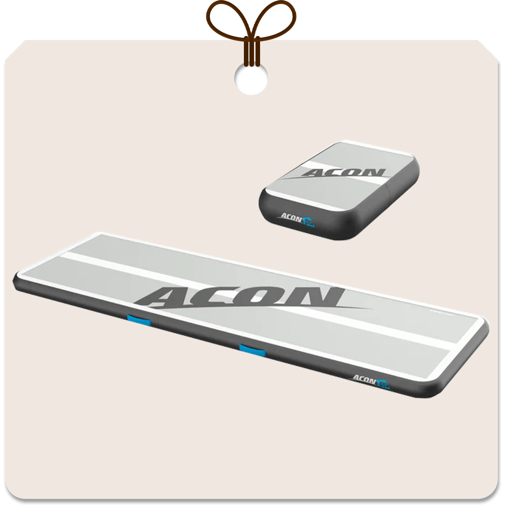 Gift package card with an image of Acon airblock and 10ft airtrack.