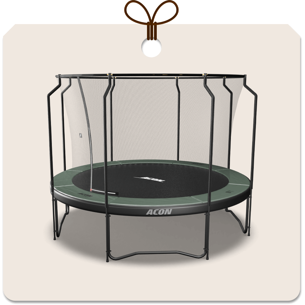 Gift package card with an image of Acon 12ft Trampoline with Premium net.