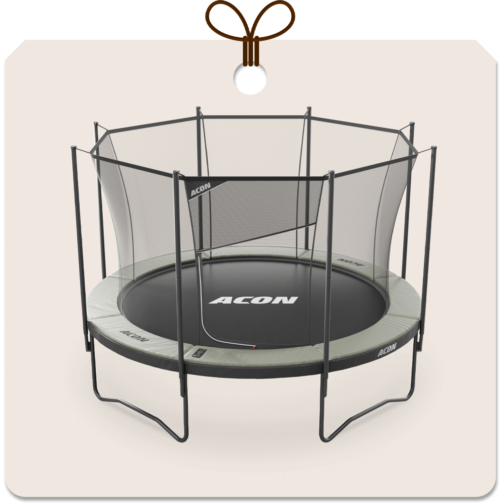 Gift package card with an image of Acon Air 12ft Trampoline with net.