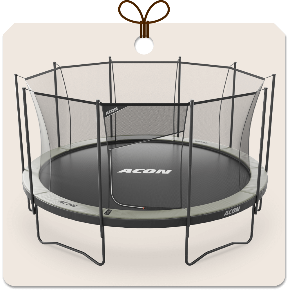 Gift package card with an image of Acon Air 15ft Trampoline with net.