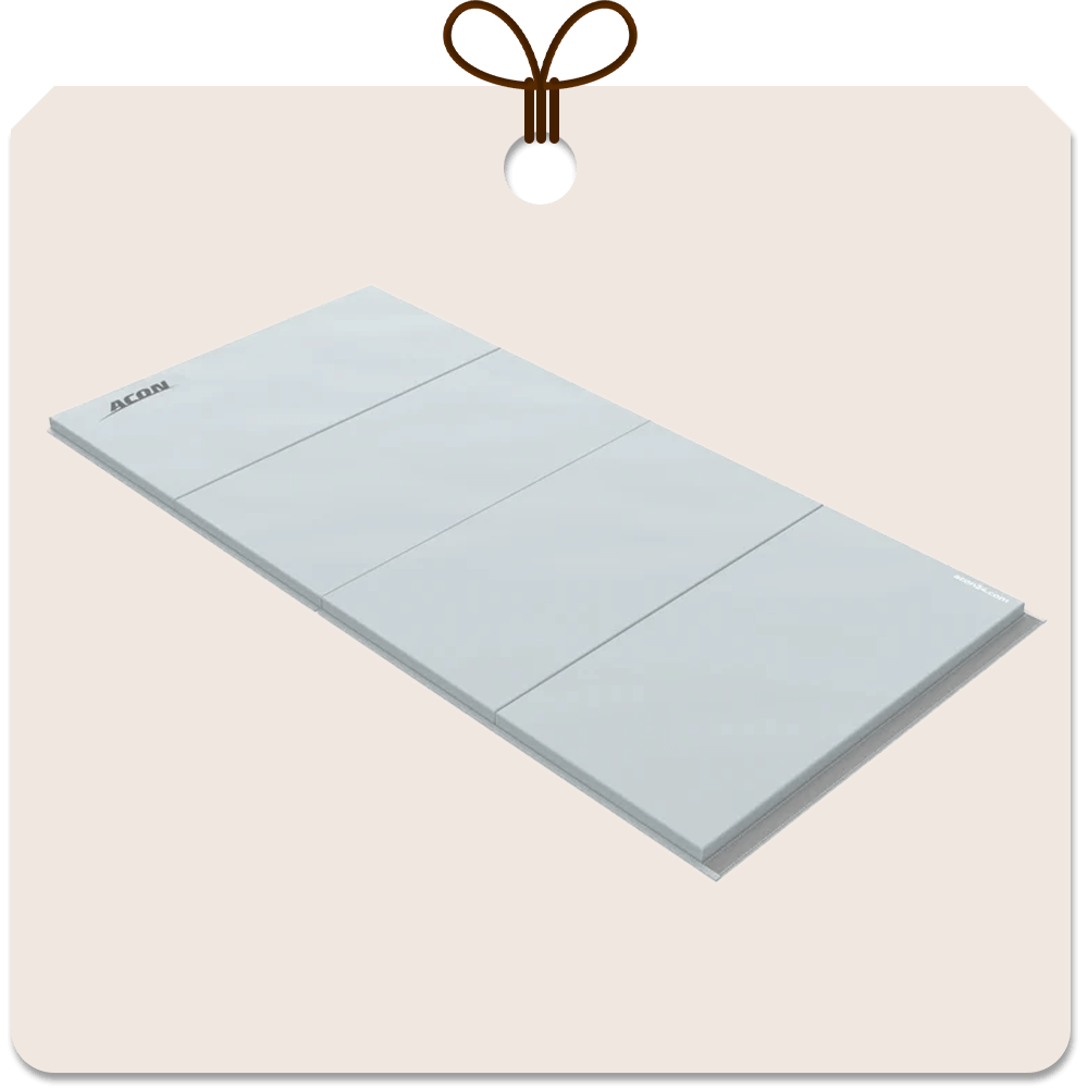 Gift package card with an image of Acon grey gymnastic mat.