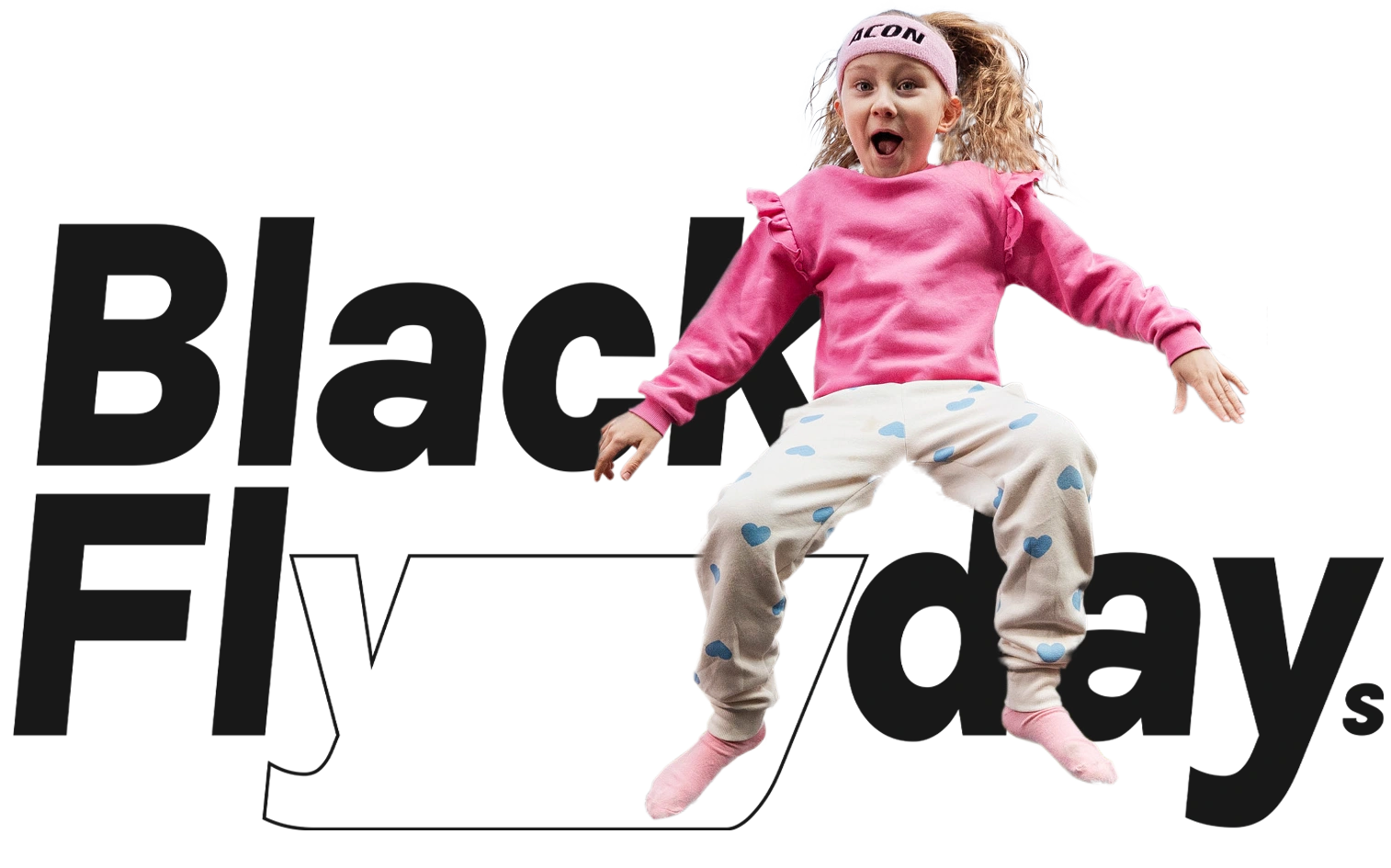 Smiling girl wearing a pink sweater and an Acon headband. Black Black Flydays logo in the background.