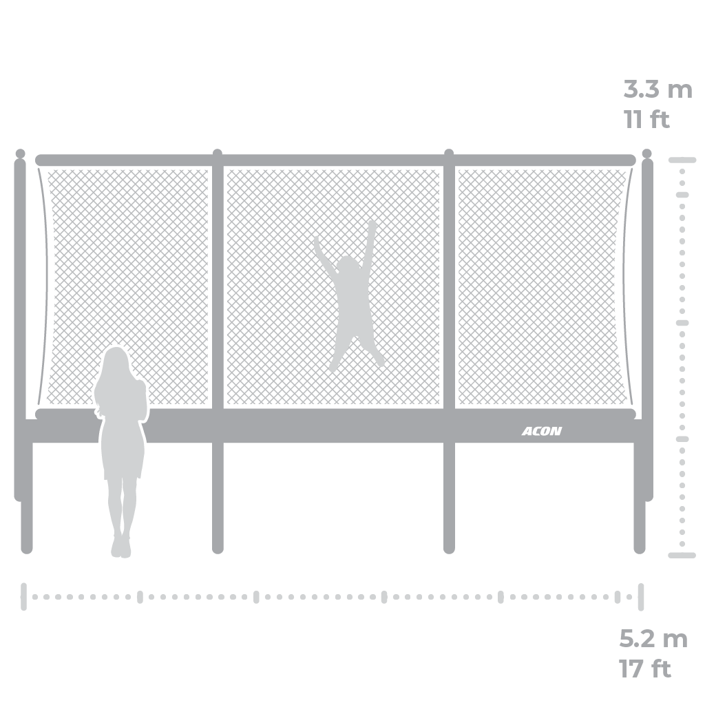 Height and length of ACON 16 HD rectangular trampoline with enclosure installed