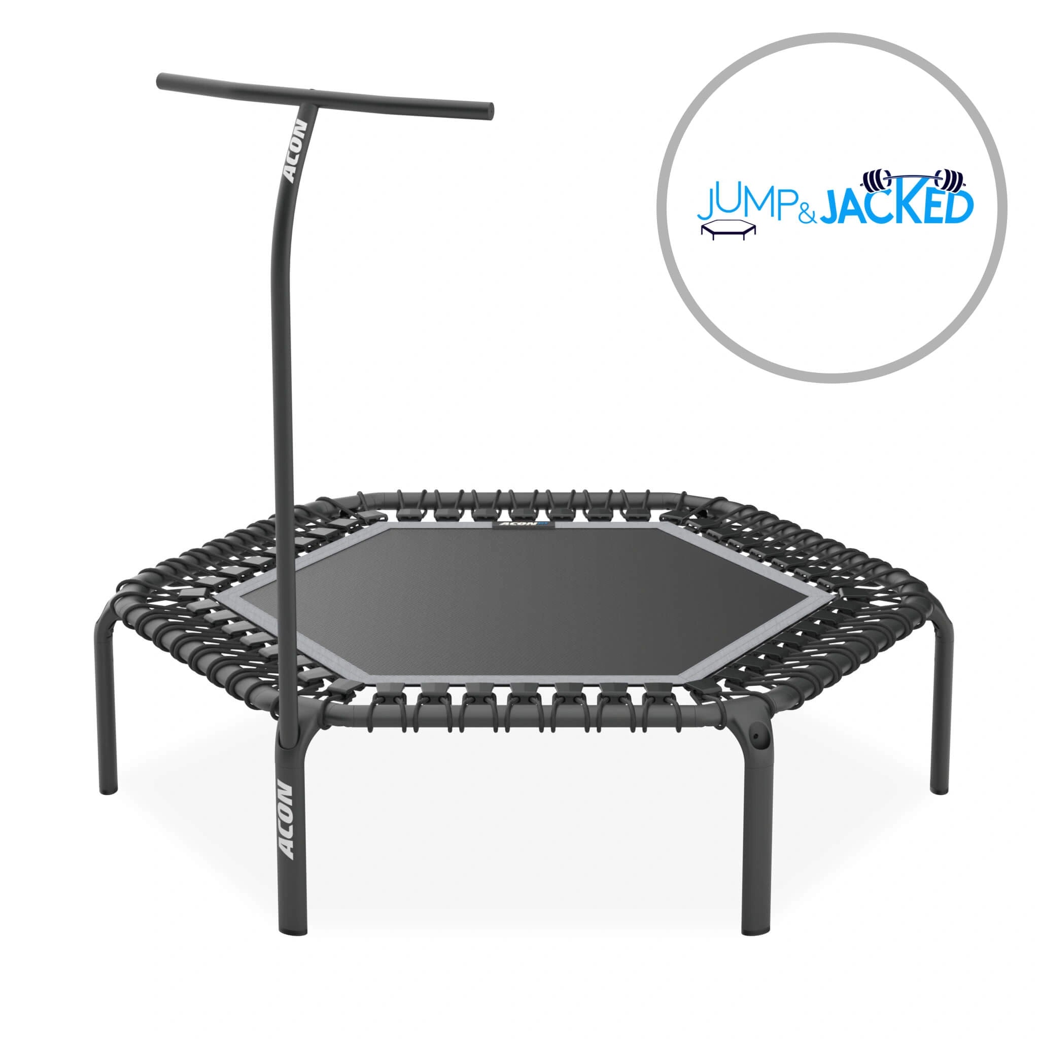 Acon Fit 55in Hexagon Rebounder with Handlebar, black. Jump & Jacked logo.