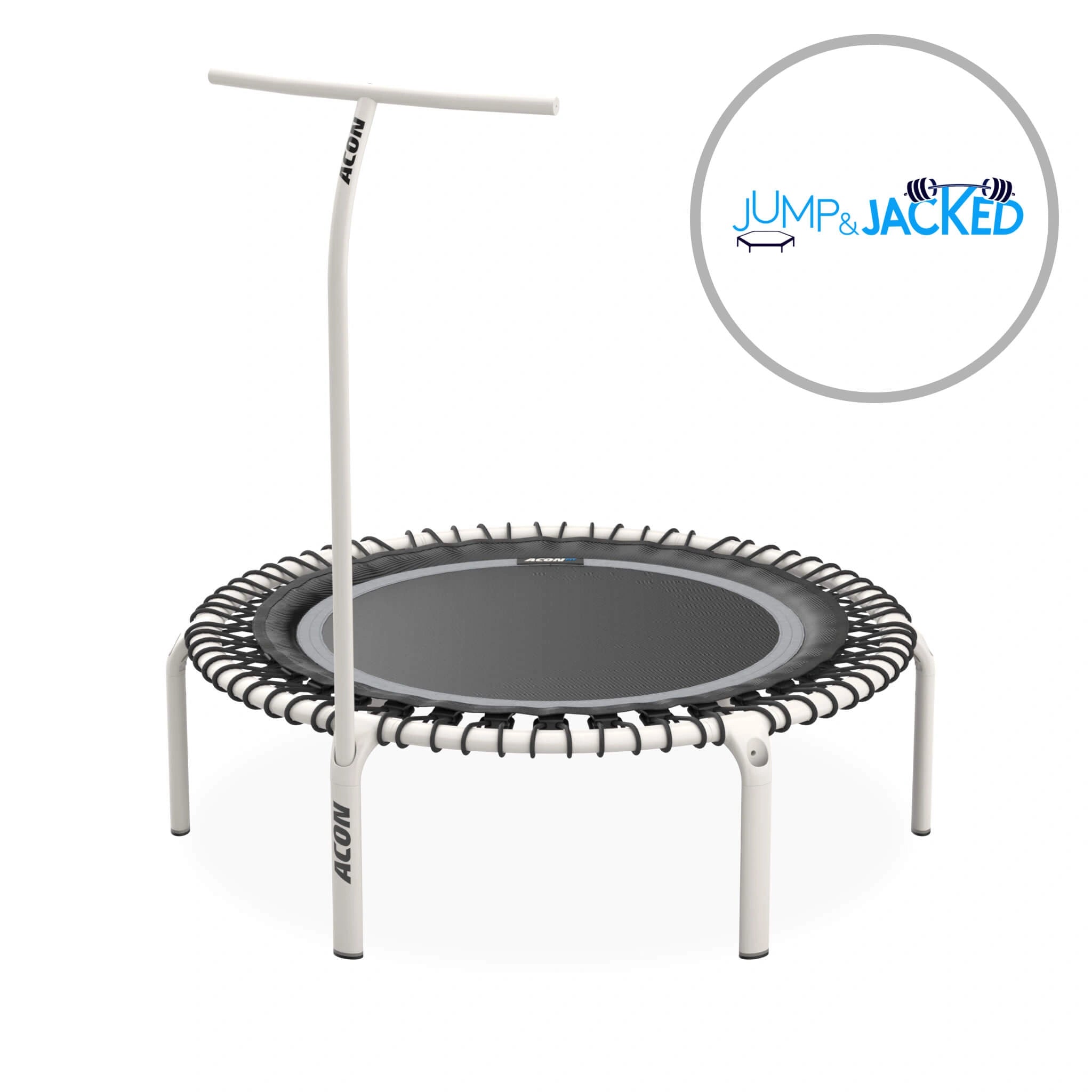 Acon Fit 44in Round Rebounder with Handlebar, white. Jump & Jacked logo.