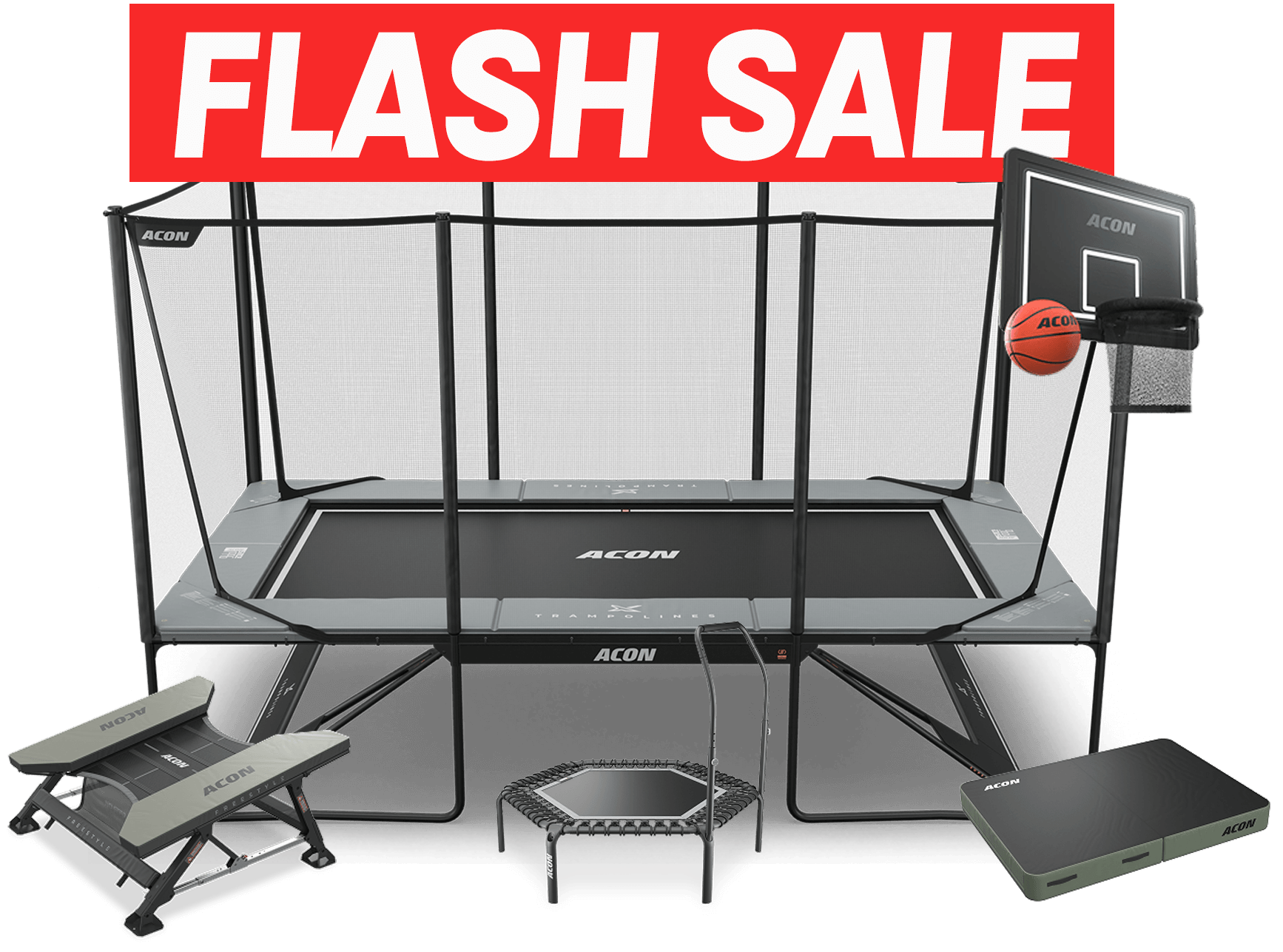 Acon X-Trampoline, Freestyle Mini, Basketball Hoop, FIT Trampoline & Crash Mat with red Flash Sale banner.