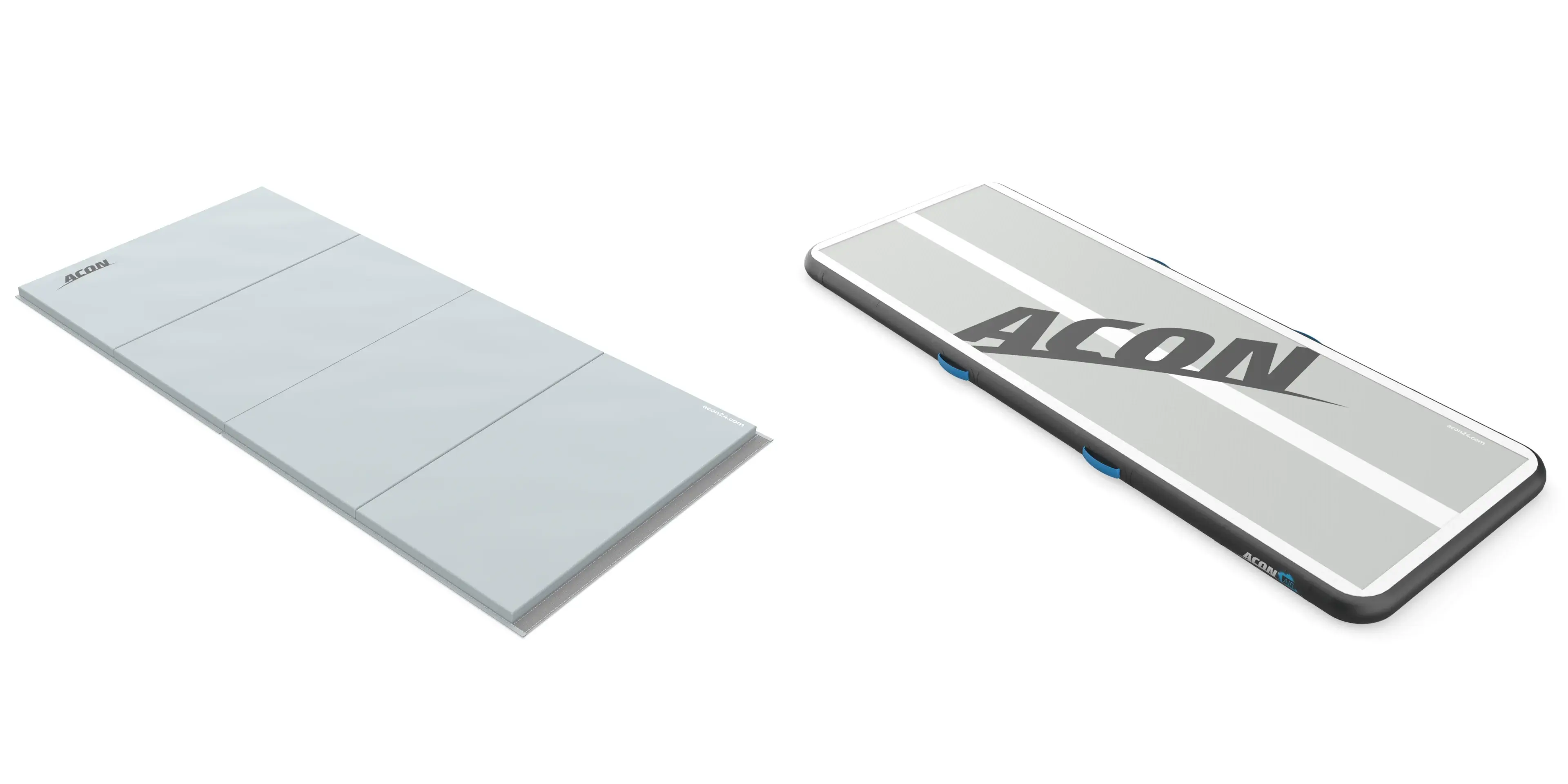 A standard foldable gymnastics mat next to Airtrack on a white background