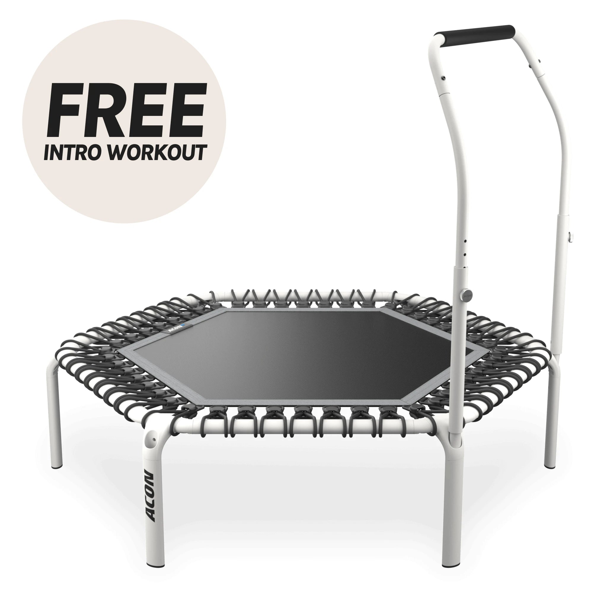 White Hexagon Acon FIT trampoline with Active handle. Beige circle with the text "Free intro workout".